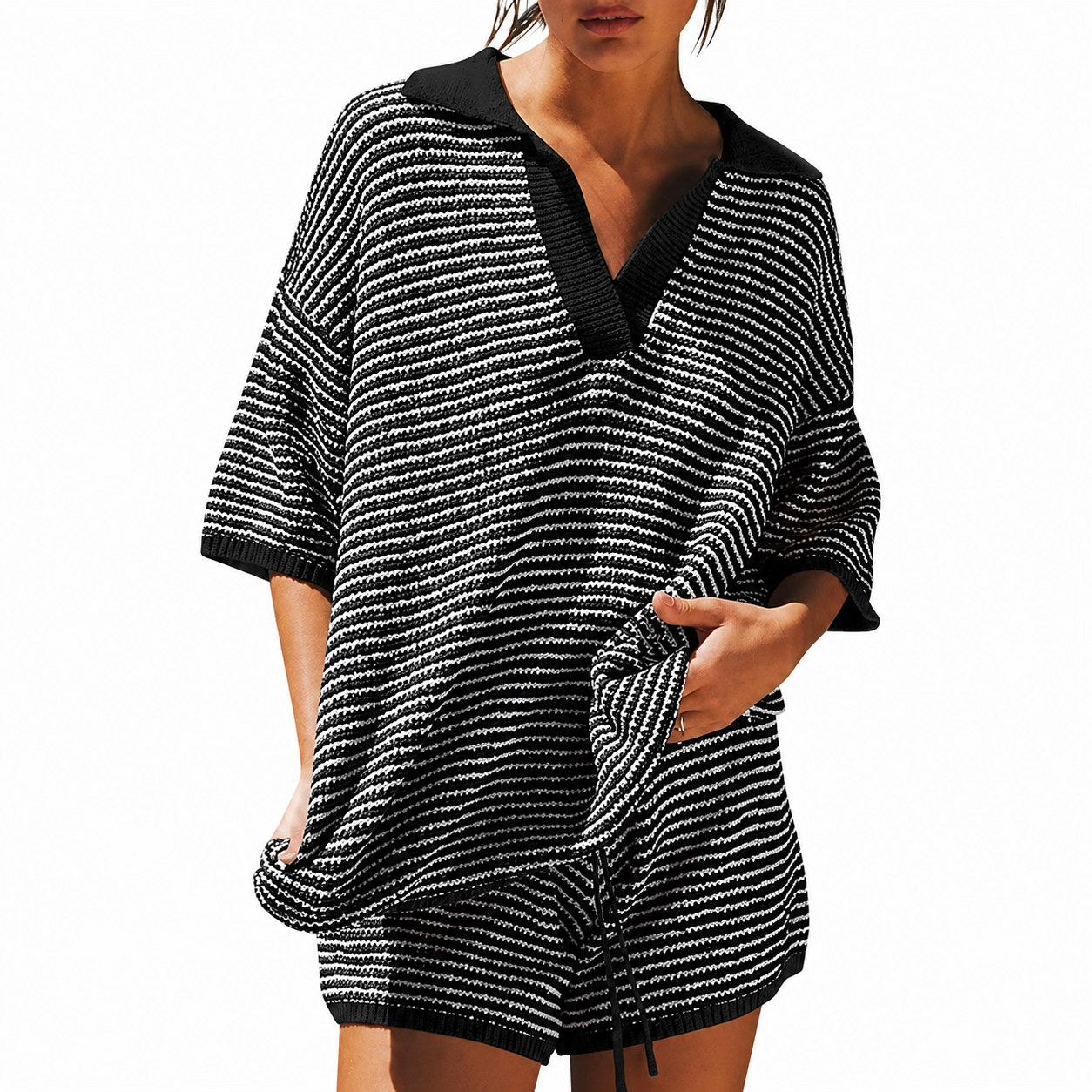 Oversized Knit Lounge Sweater Set With Matching Shorts