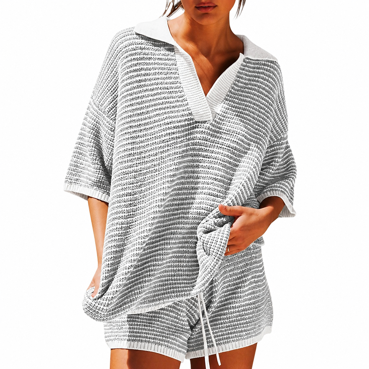 Oversized Knit Lounge Sweater Set With Matching Shorts