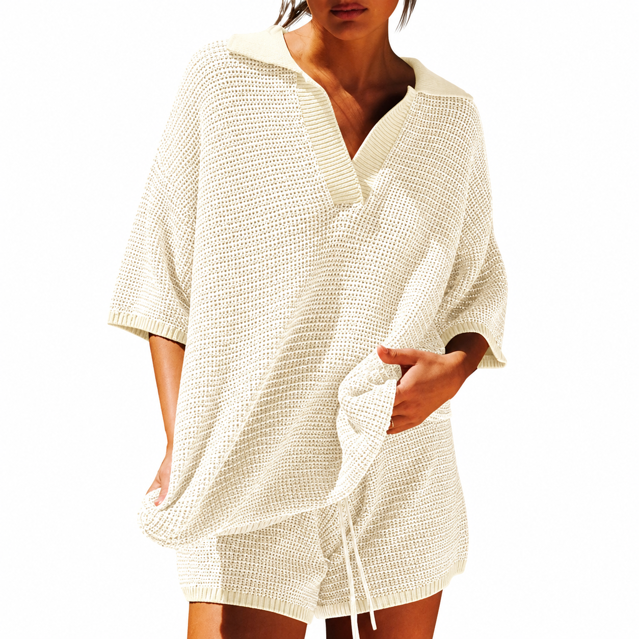 Oversized Knit Lounge Sweater Set With Matching Shorts