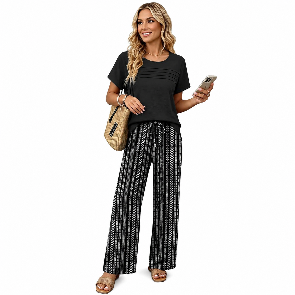 Pleated Front Top Wide Pants Lounge Set