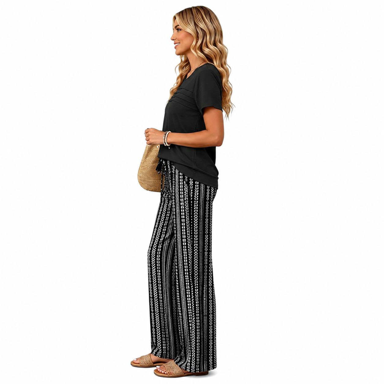 Pleated Front Top Wide Pants Lounge Set