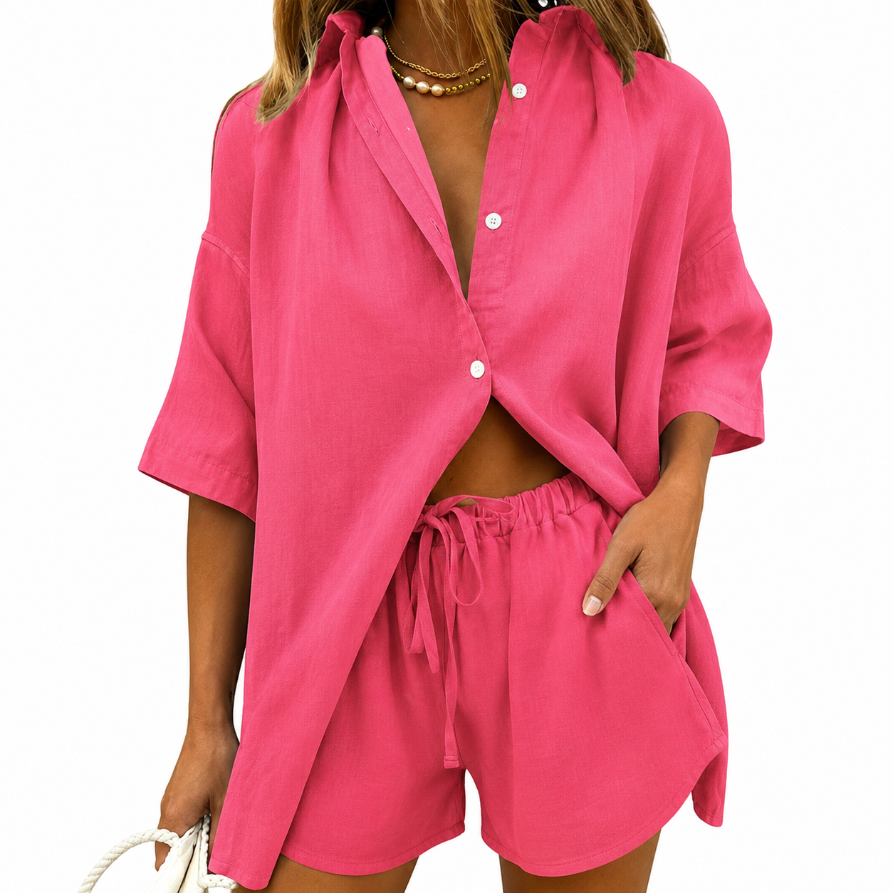 Long Sleeve Button Down Shorts Sweatsuit Set 
