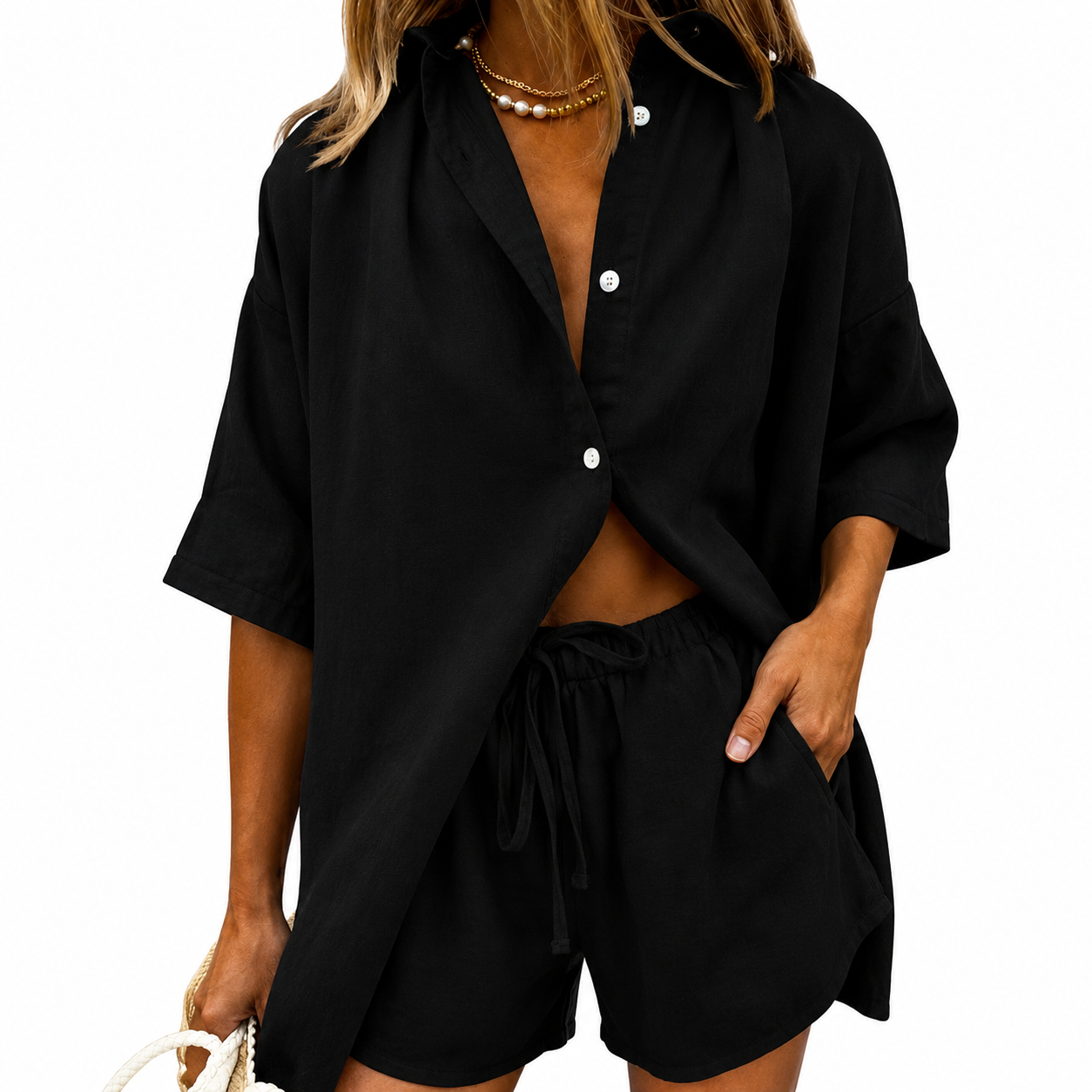 Long Sleeve Button Down Shorts Sweatsuit Set 