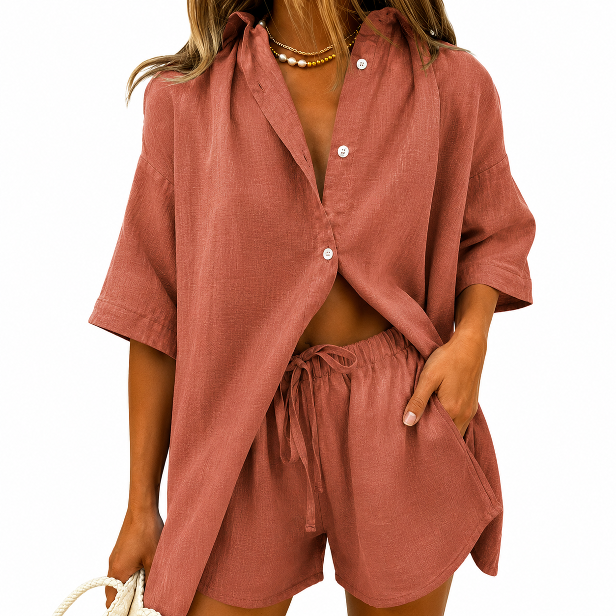 Long Sleeve Button Down Shorts Sweatsuit Set 