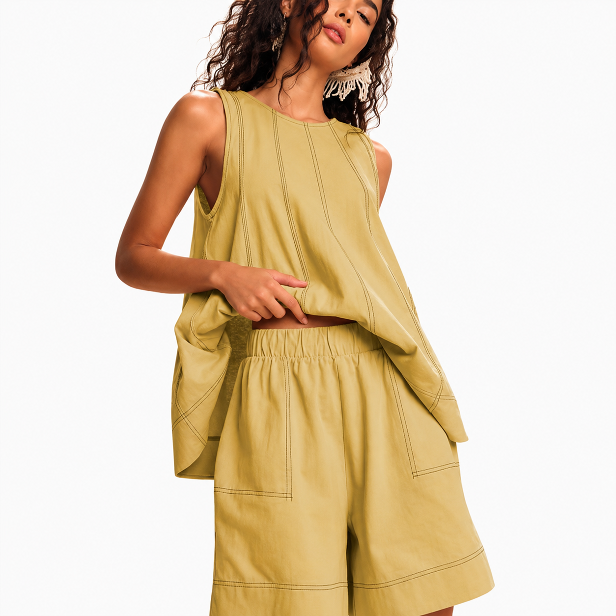 Contrast Stitching Sleeveless Two Piece Matching Tank Shorts Set