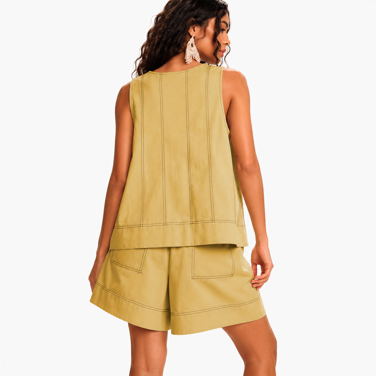 Contrast Stitching Sleeveless Two Piece Matching Tank Shorts Set