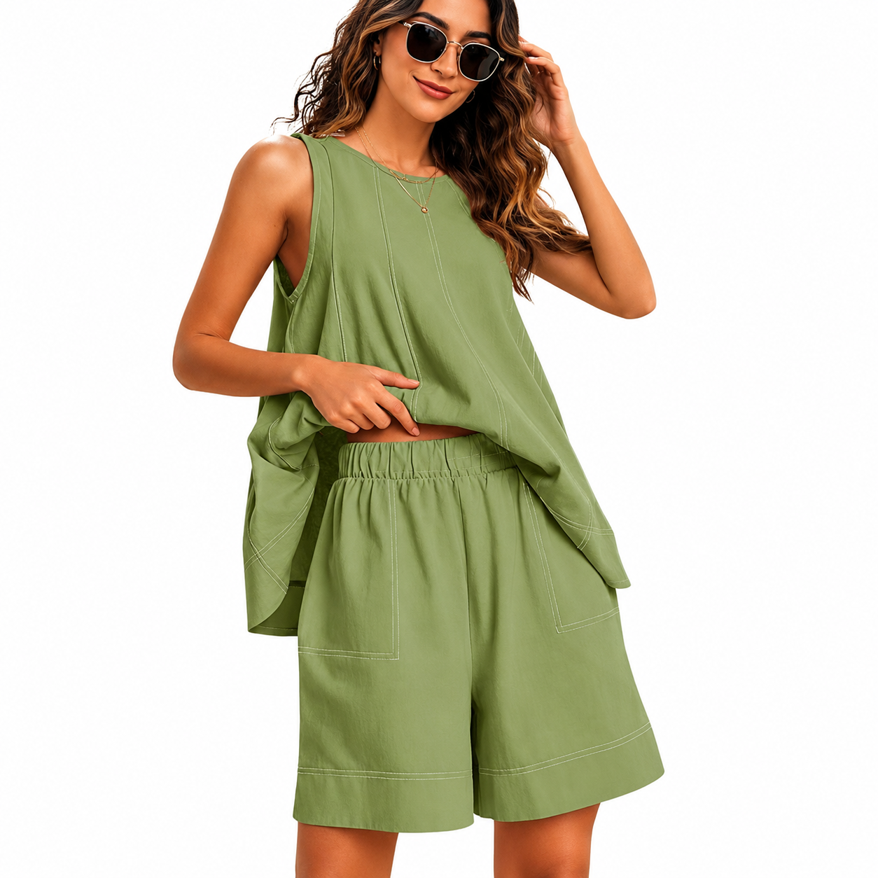 Contrast Stitching Sleeveless Two Piece Matching Tank Shorts Set