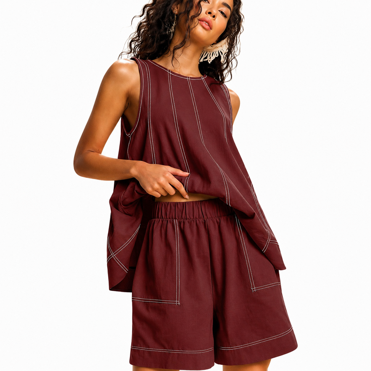 Contrast Stitching Sleeveless Two Piece Matching Tank Shorts Set