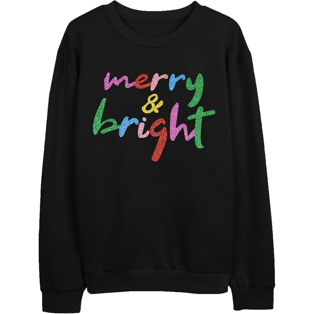 Christmas Sweatshirts With Merry And Bright Holiday Print For Women