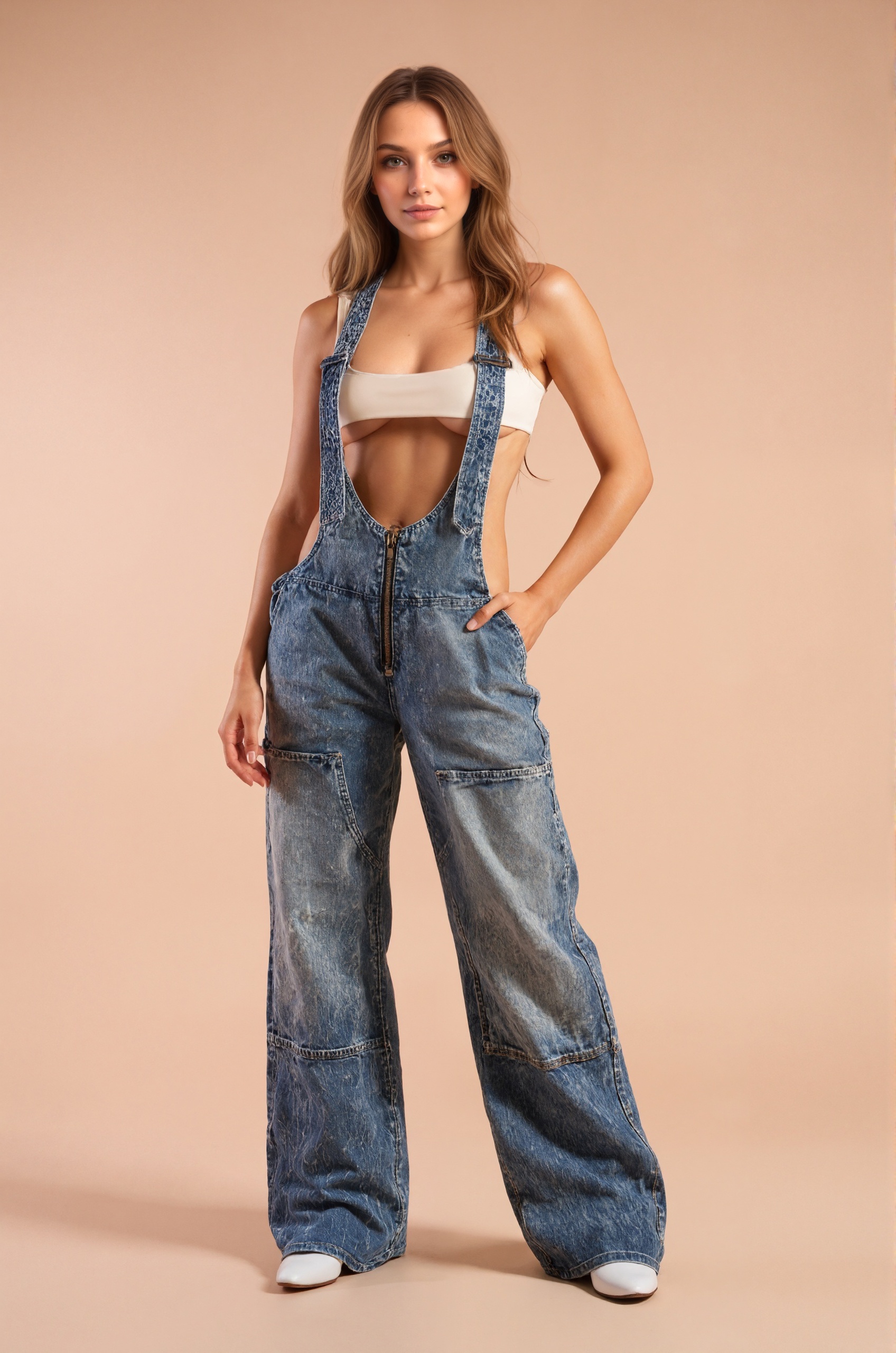 Denim Overalls With Camo Plunge Detail
