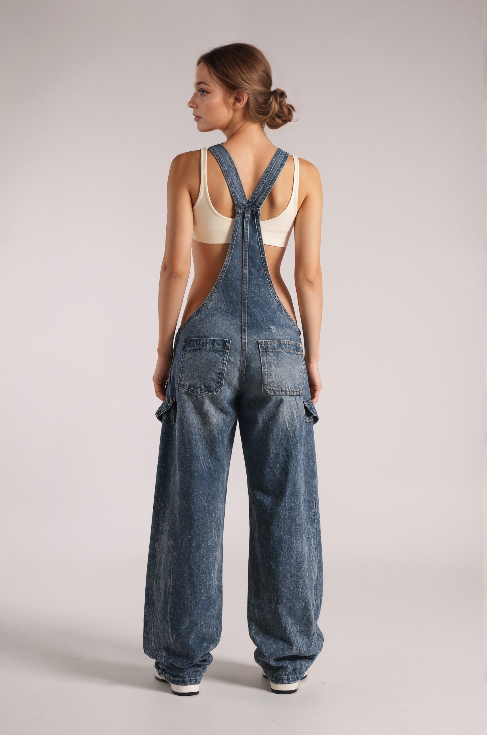 Denim Overalls With Camo Plunge Detail