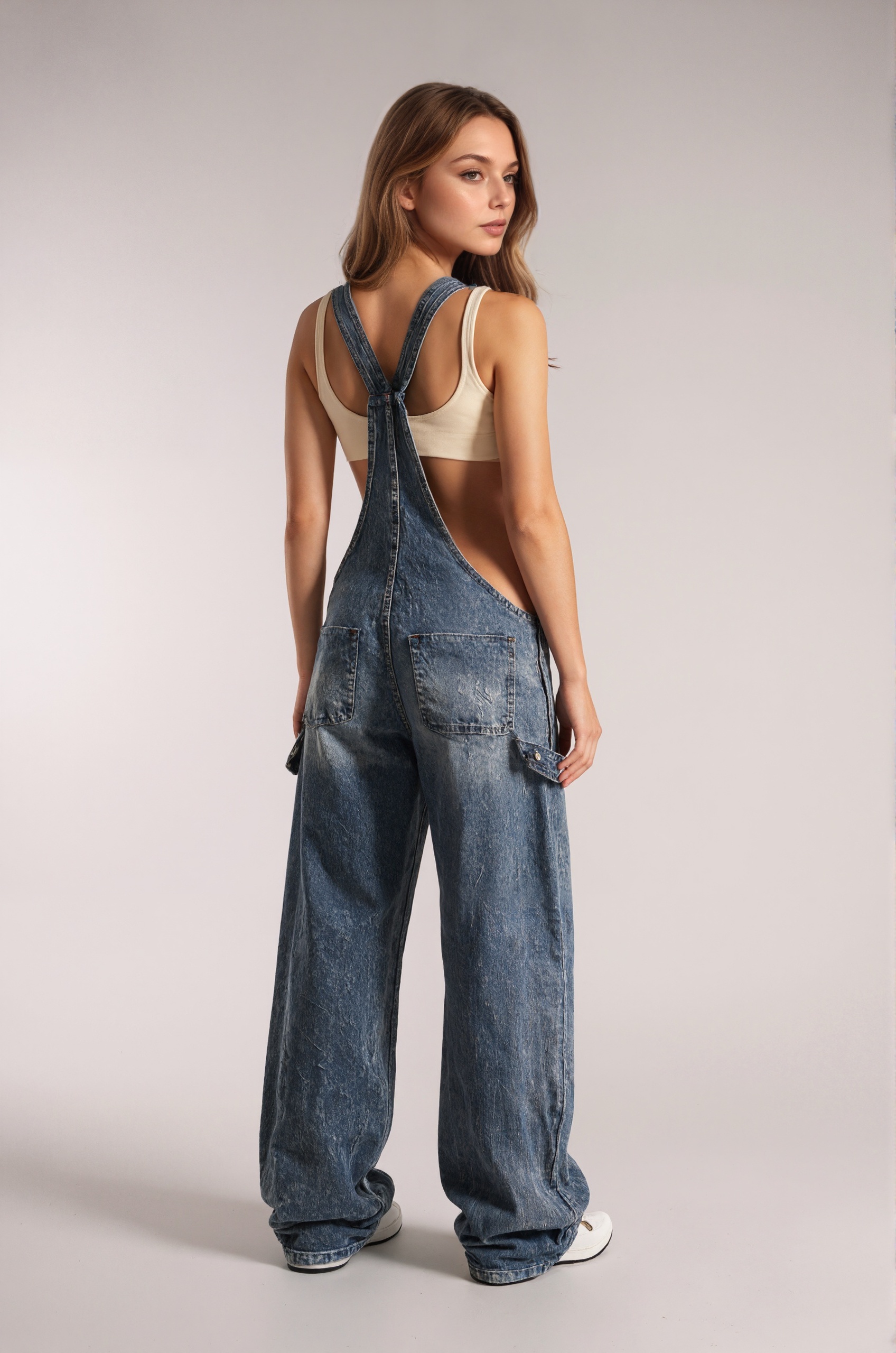 Denim Overalls With Camo Plunge Detail