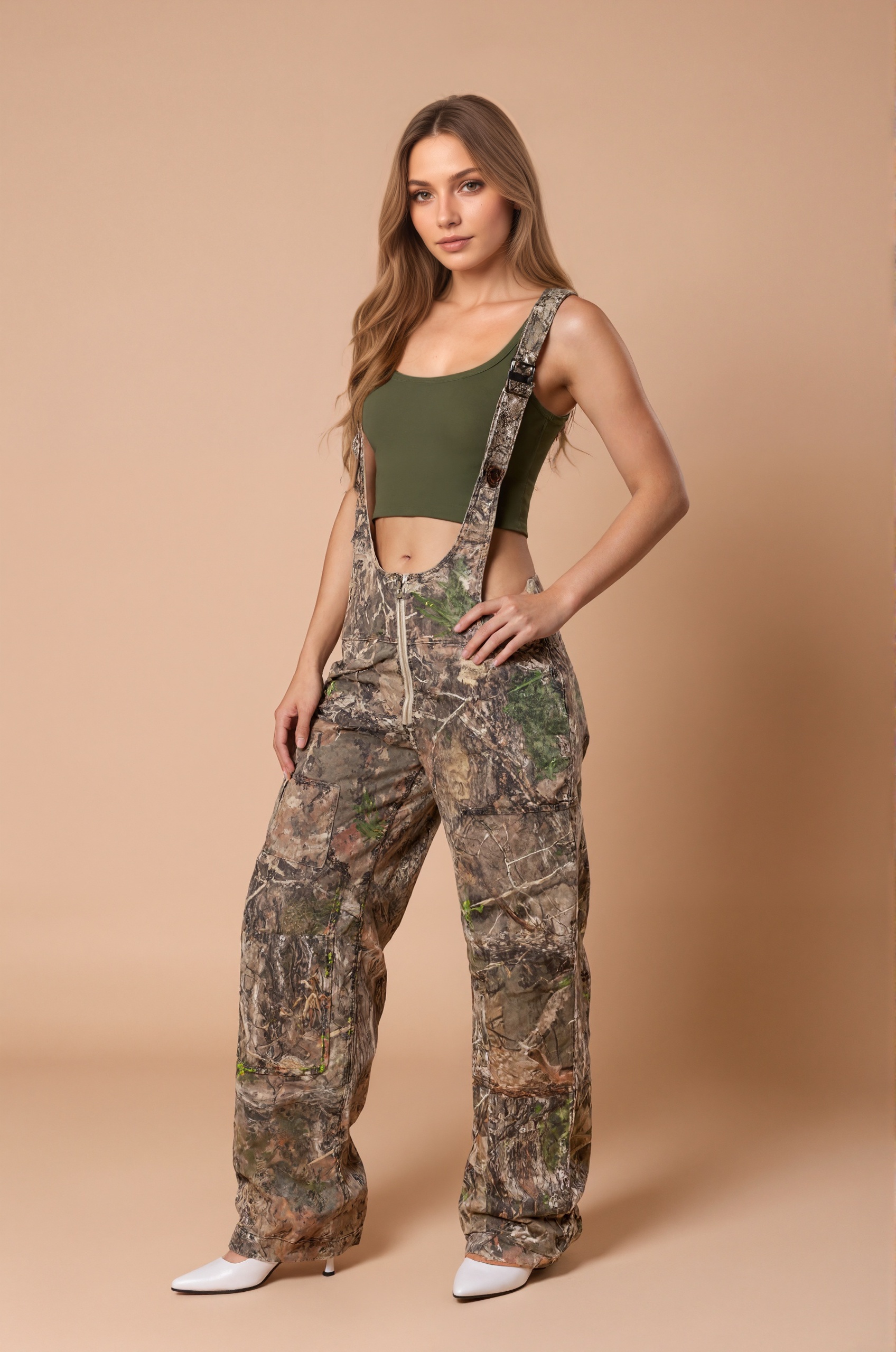 Denim Overalls With Camo Plunge Detail