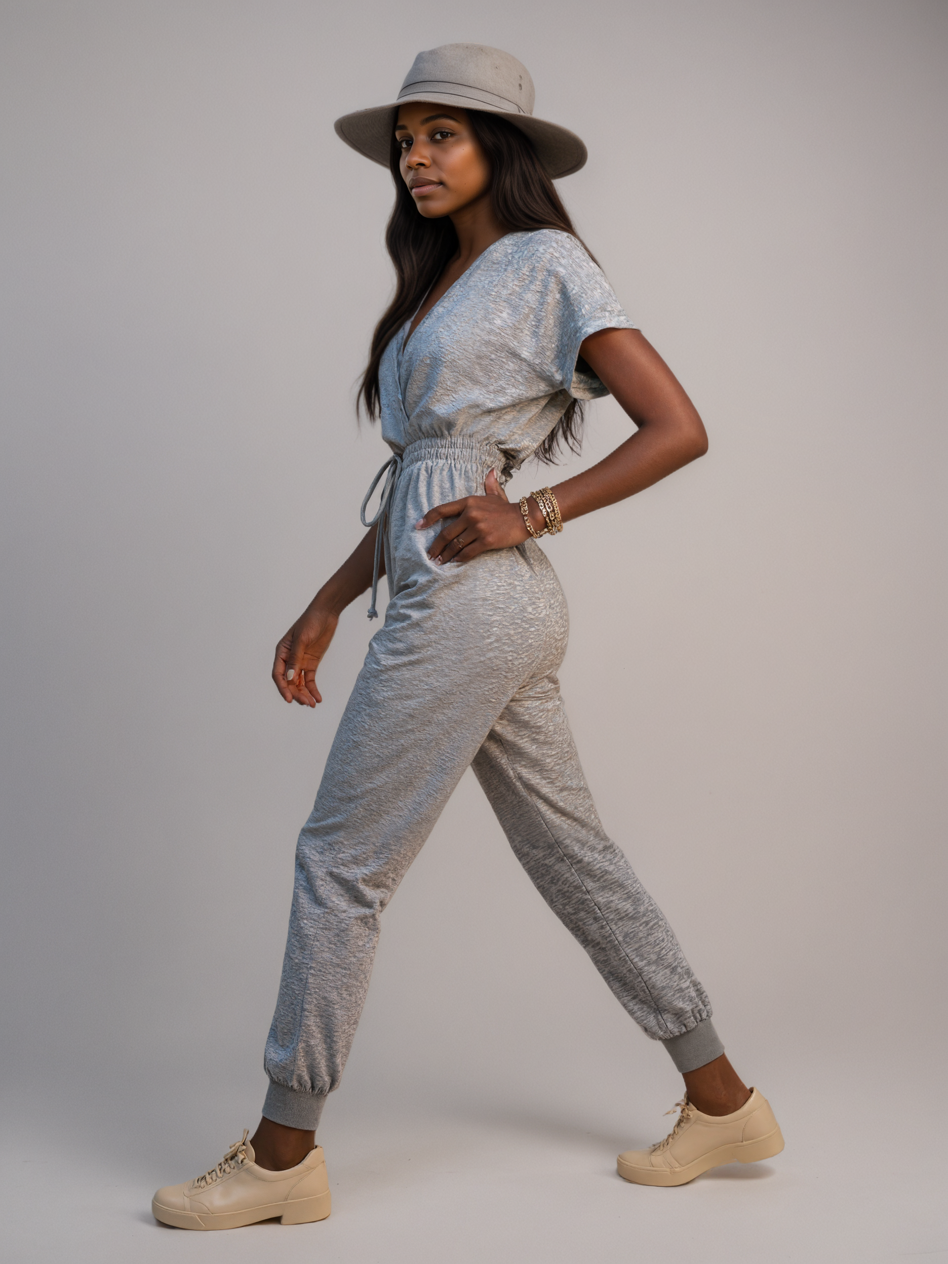 Drawstring Waist V Neck Suit