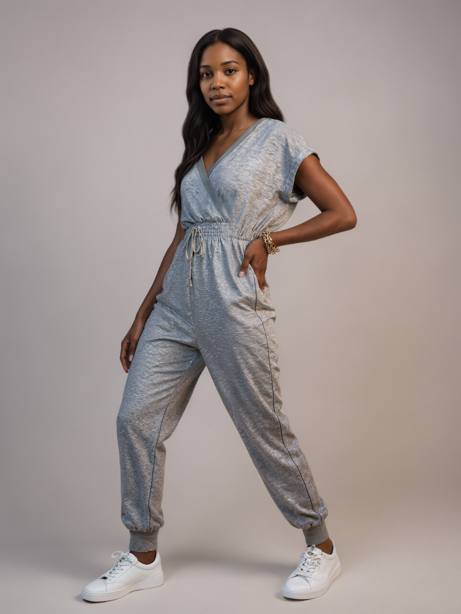 Drawstring Waist V Neck Suit