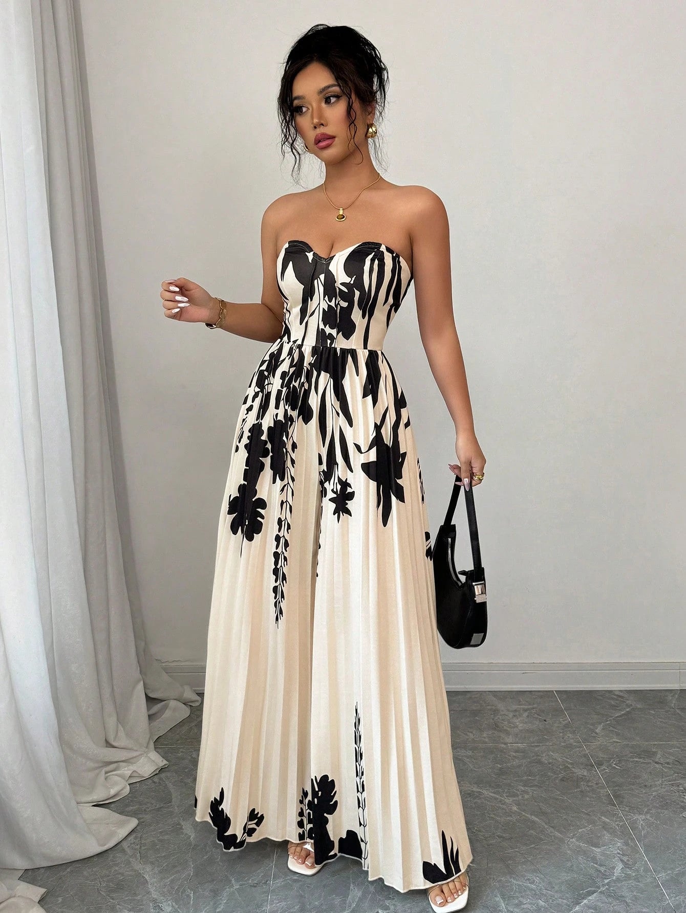 Elenzga Elegant Romantic Printed Bandeau Jumpsuit