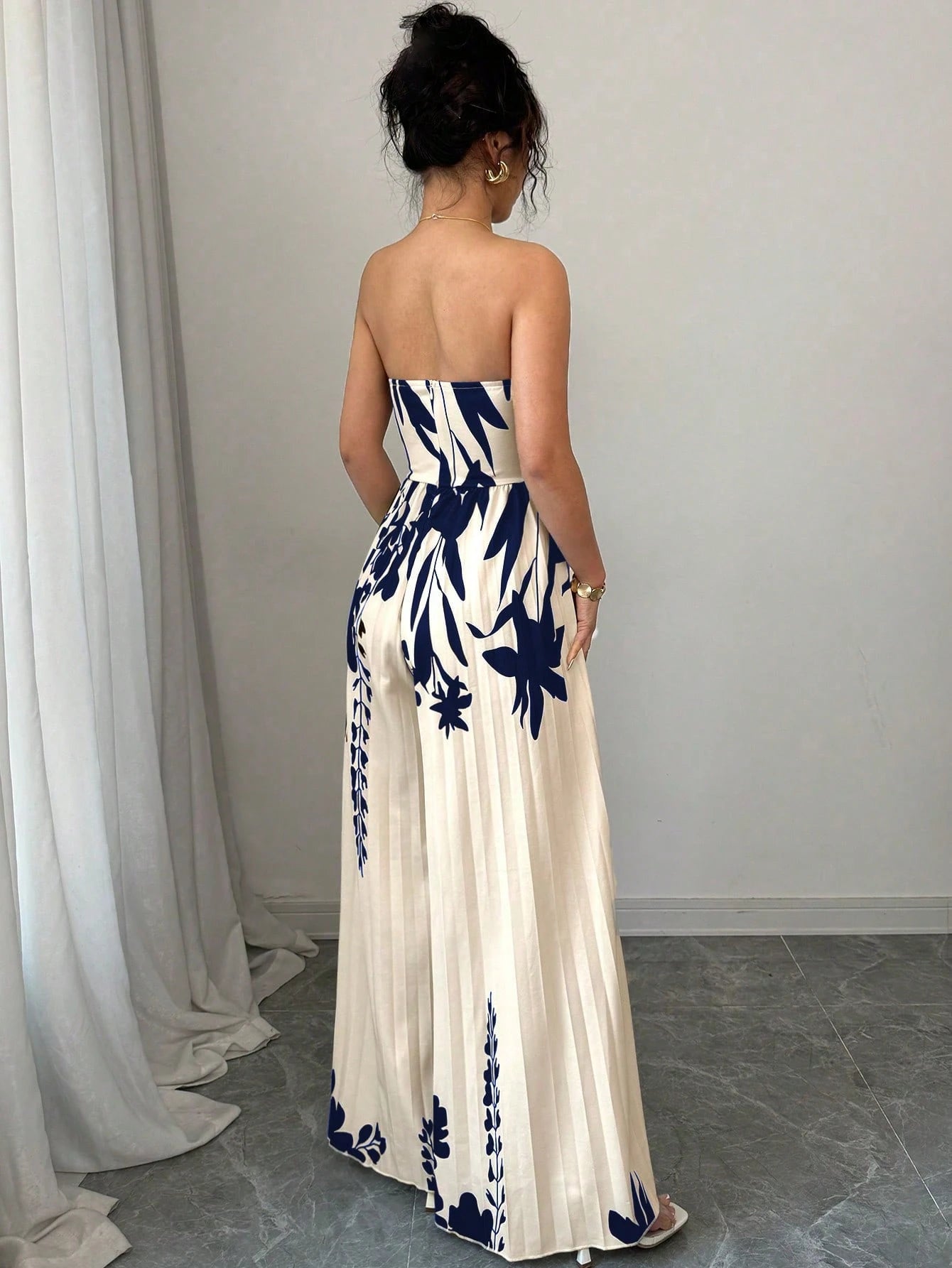 Elenzga Elegant Romantic Printed Bandeau Jumpsuit