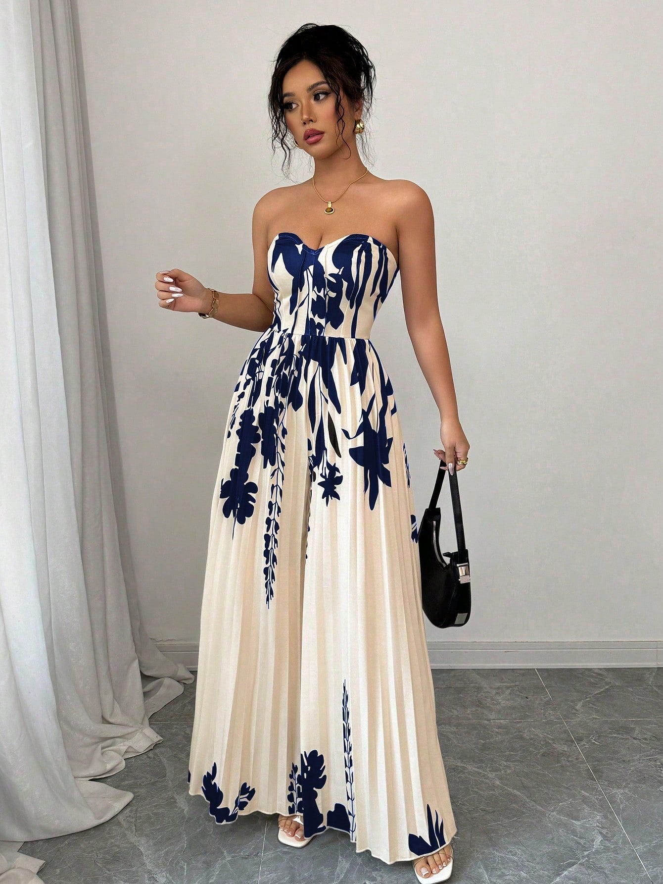 Elenzga Elegant Romantic Printed Bandeau Jumpsuit