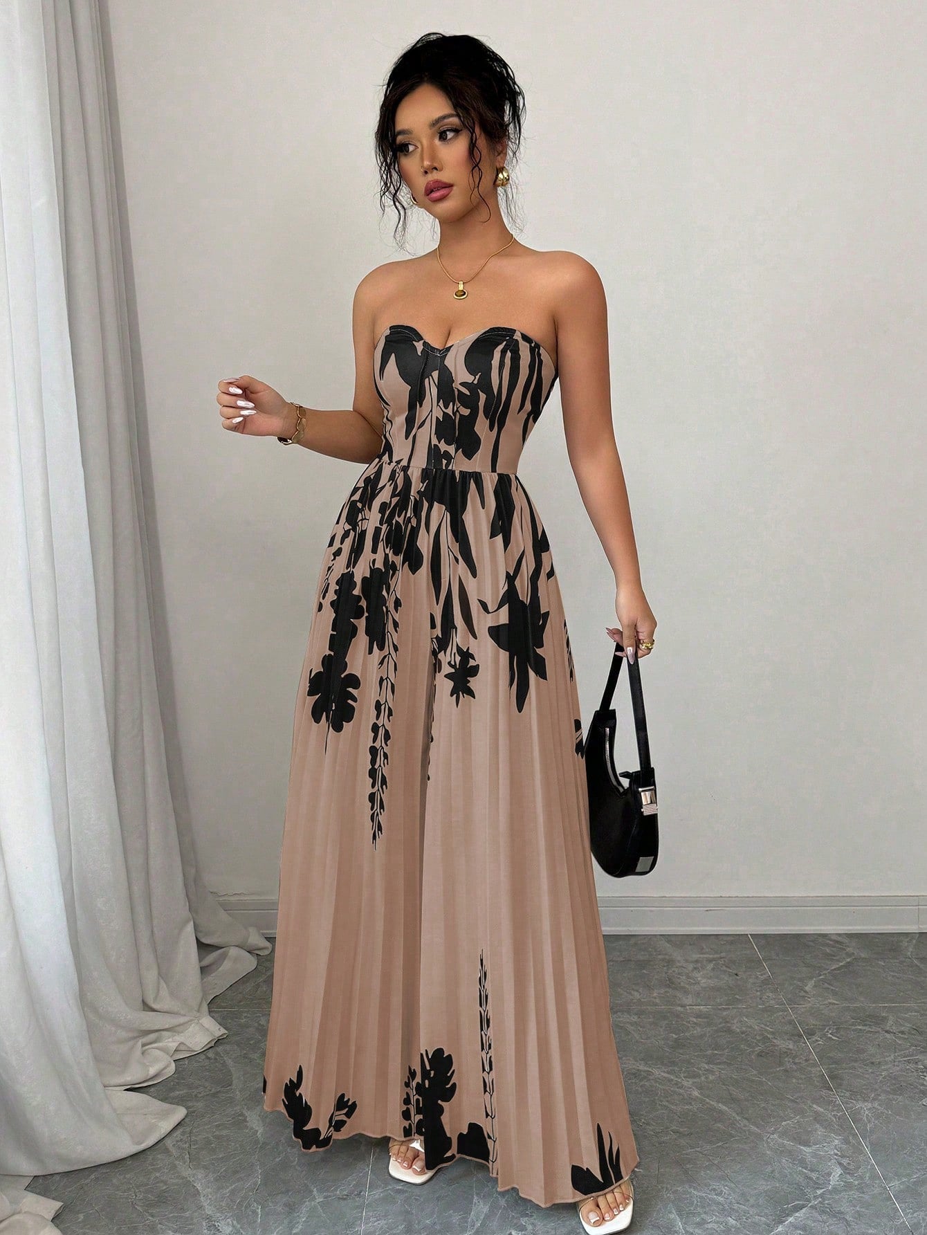 Elenzga Elegant Romantic Printed Bandeau Jumpsuit