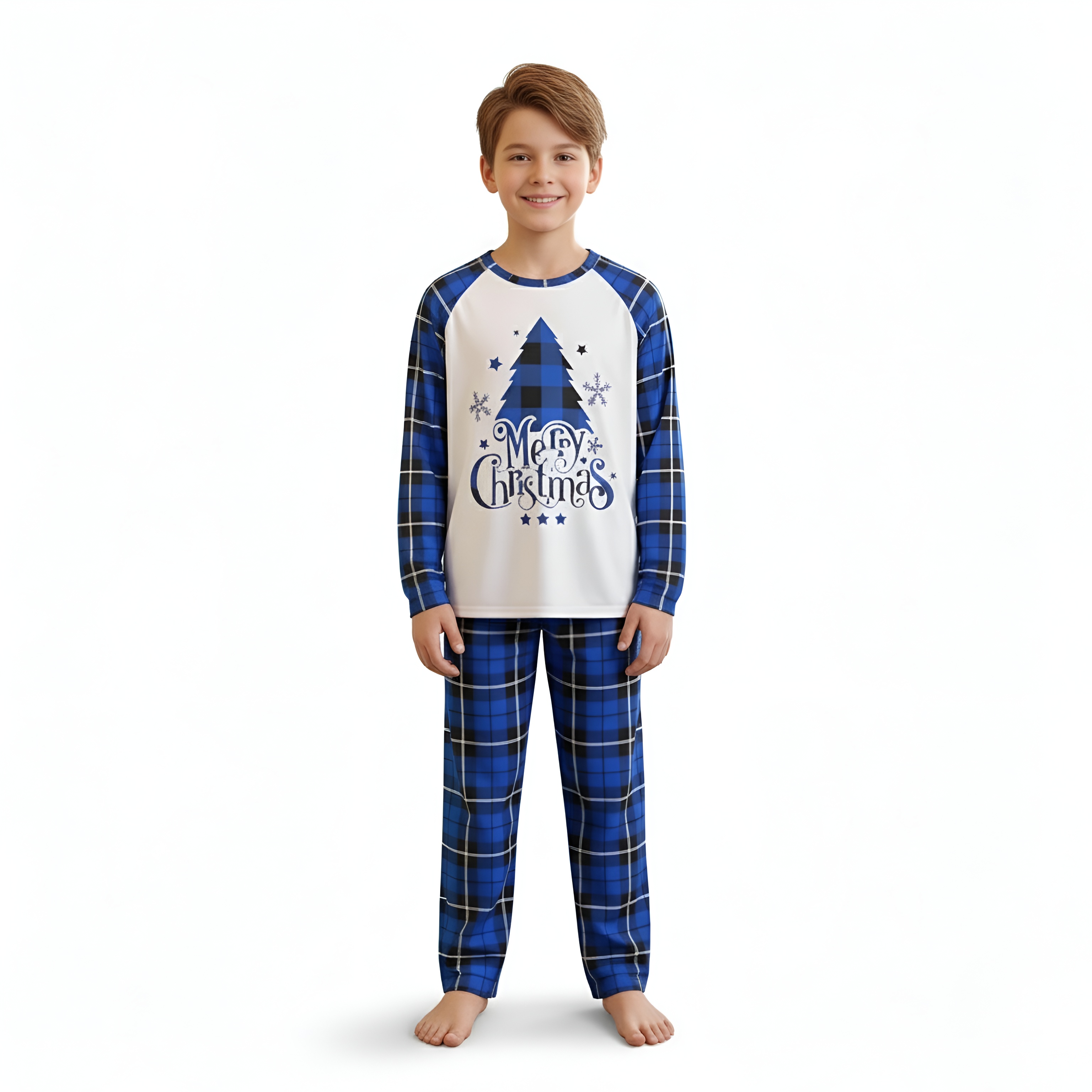 Family Matching Pajamas for Christmas and Holiday SleepwearMerry Christmas Tree and Snowflake Print Pajama Set with Plaid Pants - Image 4