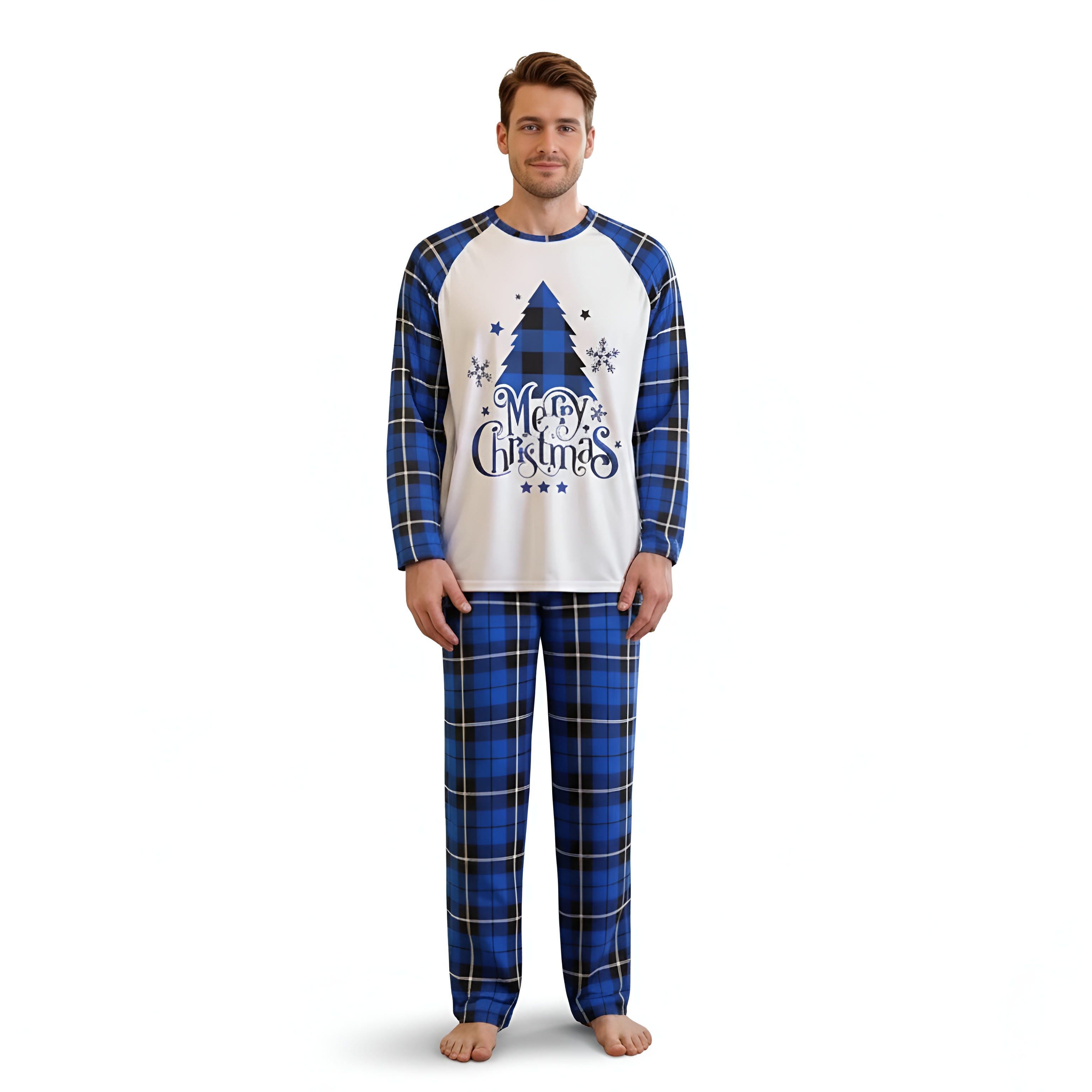 Family Matching Pajamas for Christmas and Holiday SleepwearMerry Christmas Tree and Snowflake Print Pajama Set with Plaid Pants - Image 3