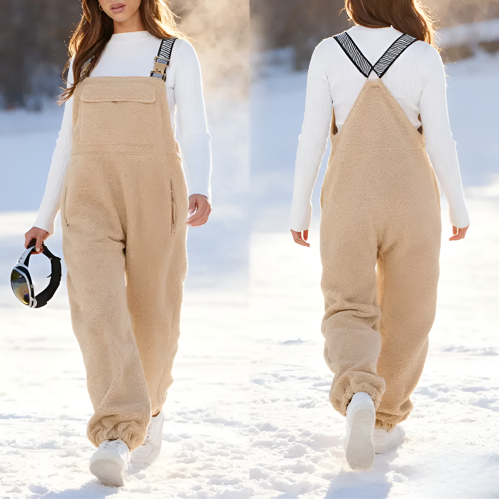 Fleece Loose Bib Jumpsuit With Side Pockets