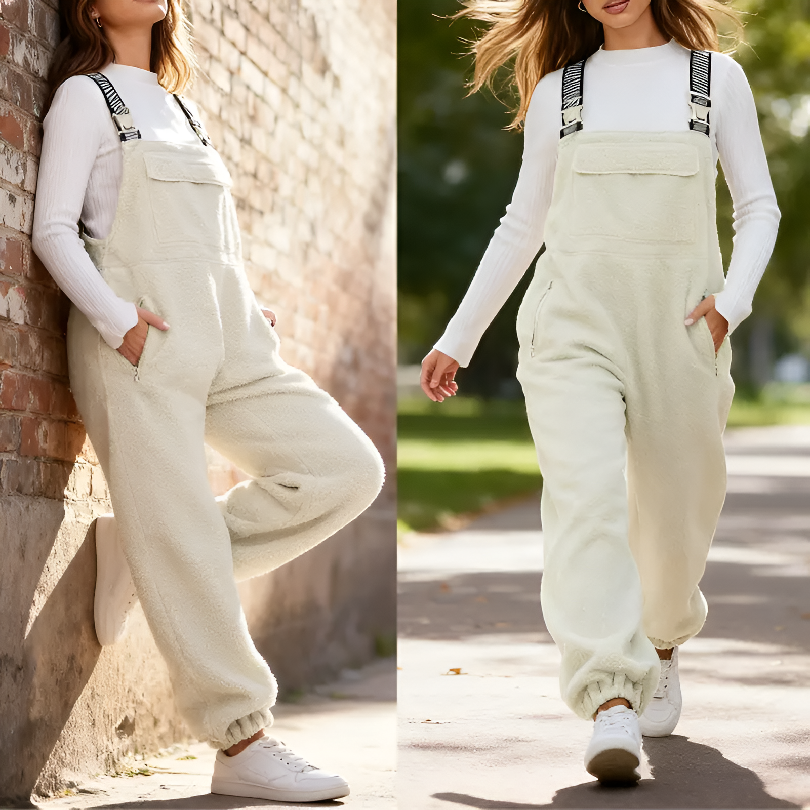 Fleece Loose Bib Jumpsuit With Side Pockets