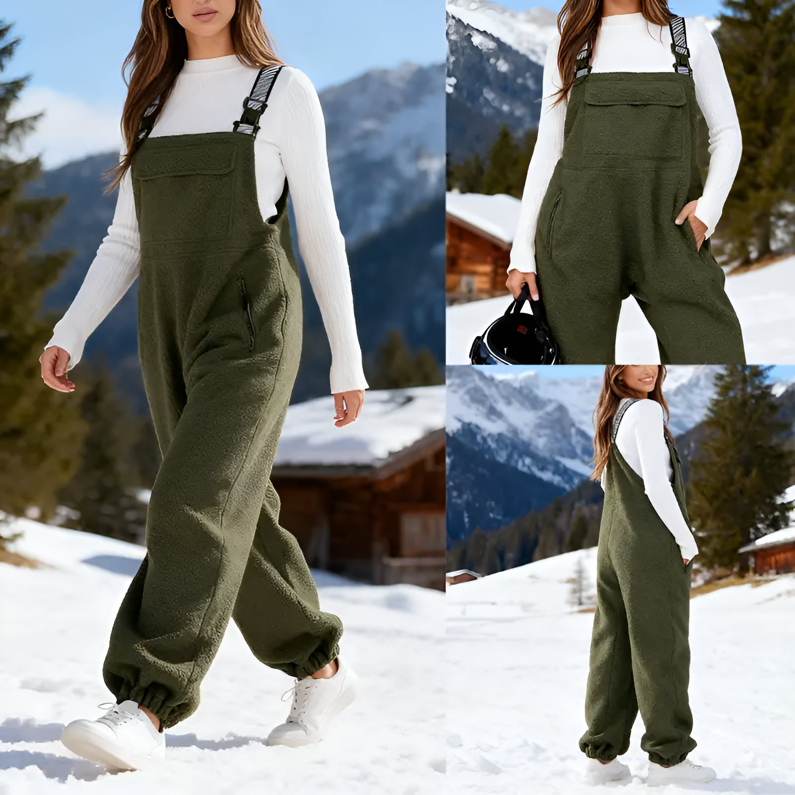 Fleece Loose Bib Jumpsuit With Side Pockets
