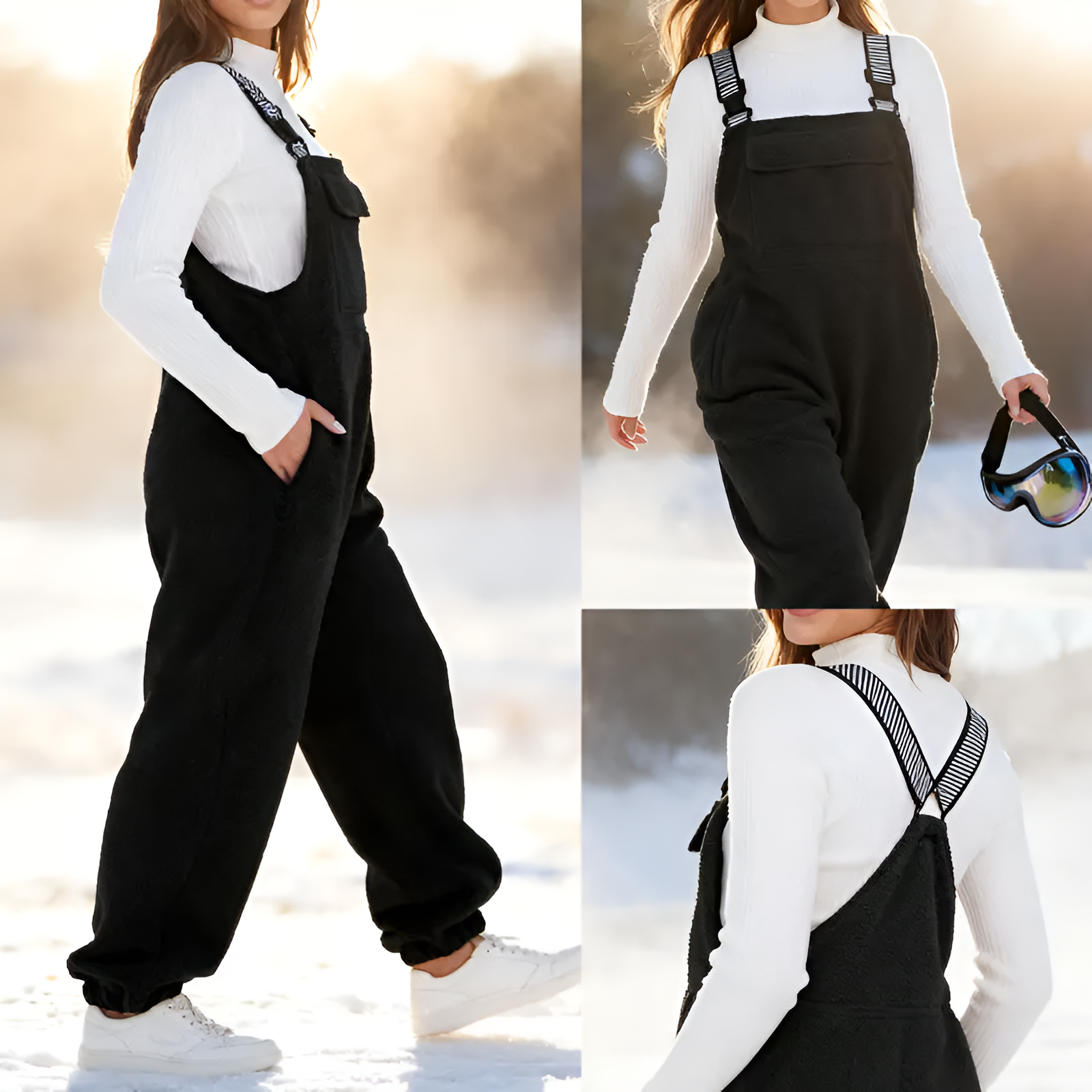 Fleece Loose Bib Jumpsuit With Side Pockets