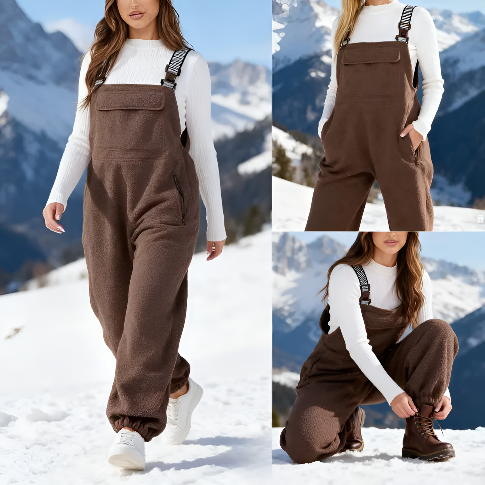 Fleece Loose Bib Jumpsuit With Side Pockets