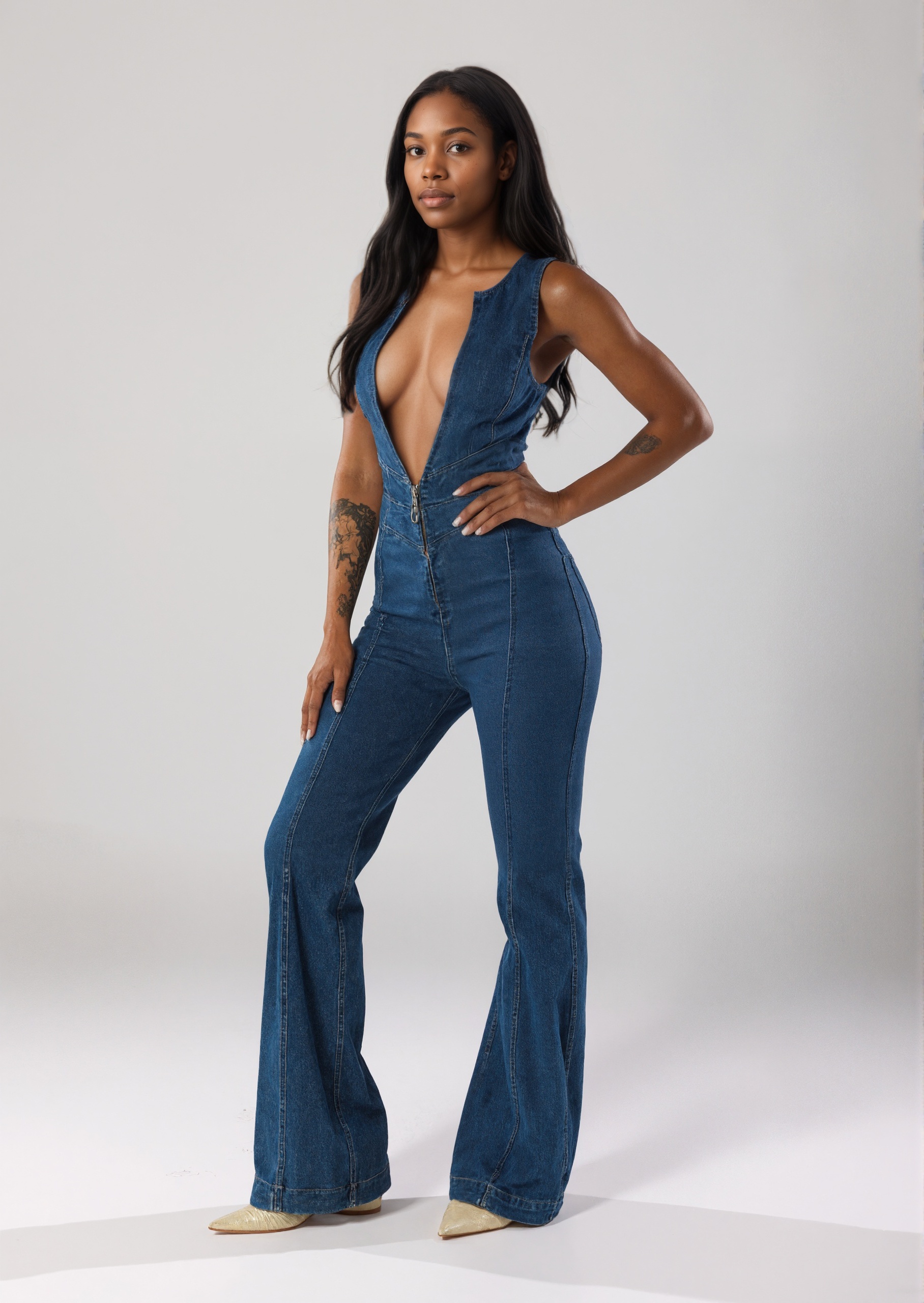 Front Button Flared Denim Suit