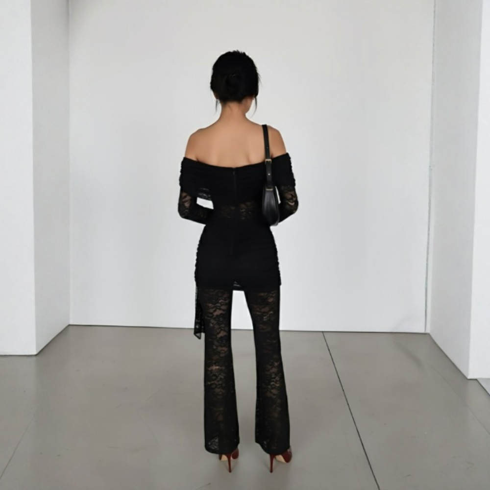 Sheer Lace Statement Jumpsuit With Sash Tie Detail