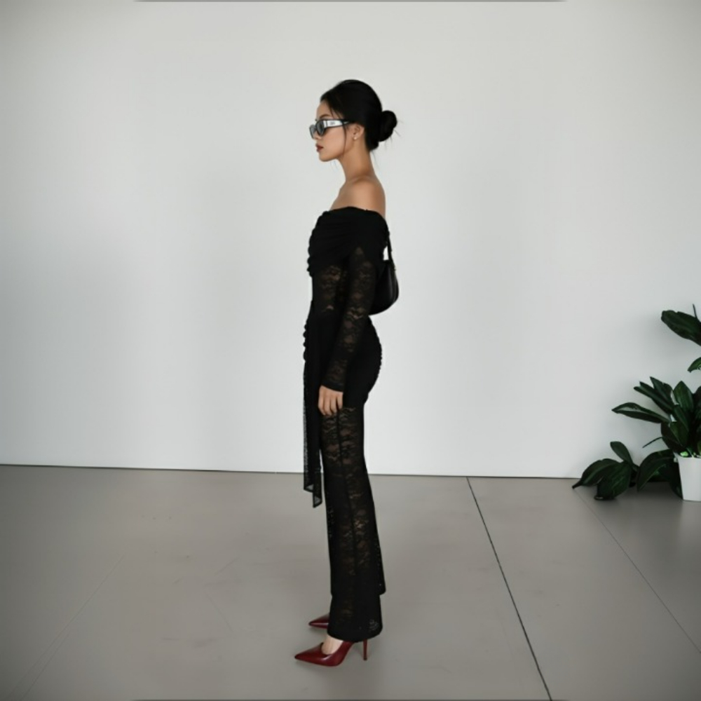 Sheer Lace Statement Jumpsuit With Sash Tie Detail