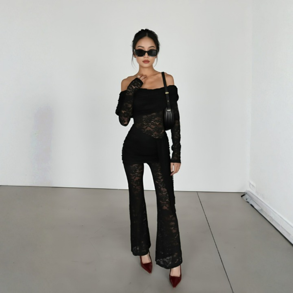 Sheer Lace Statement Jumpsuit With Sash Tie Detail