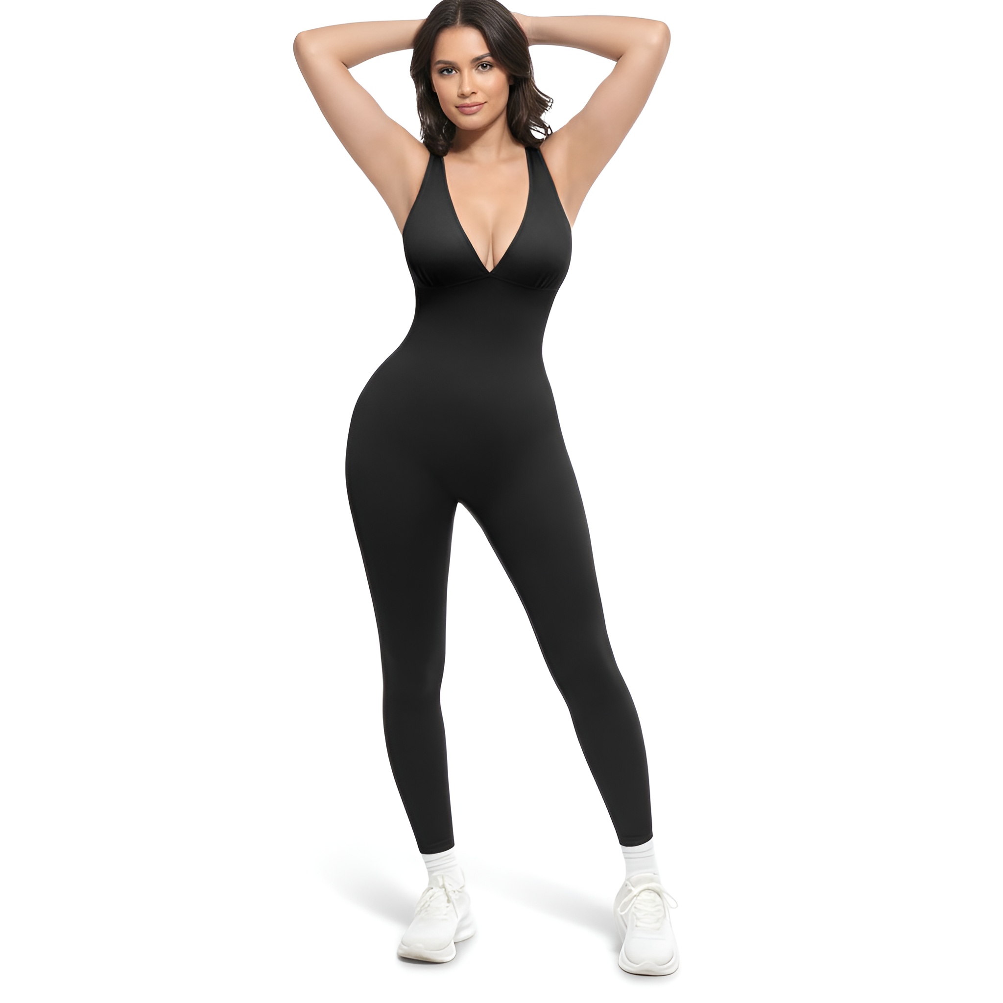 Deep V Sculpting Jumpsuit for Women with Seamless Fit