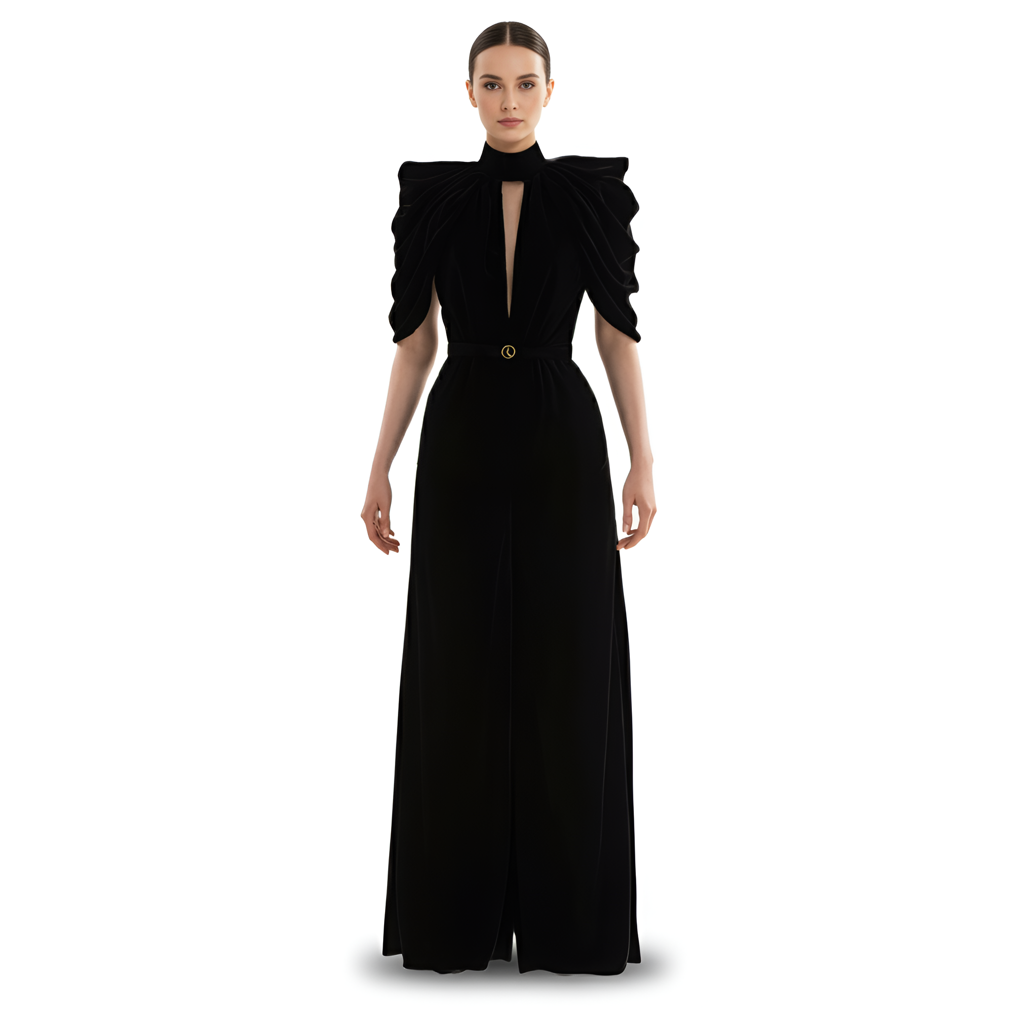 High Collar Draped Velvet Jumpsuit For Women with Sculpted Silhouette