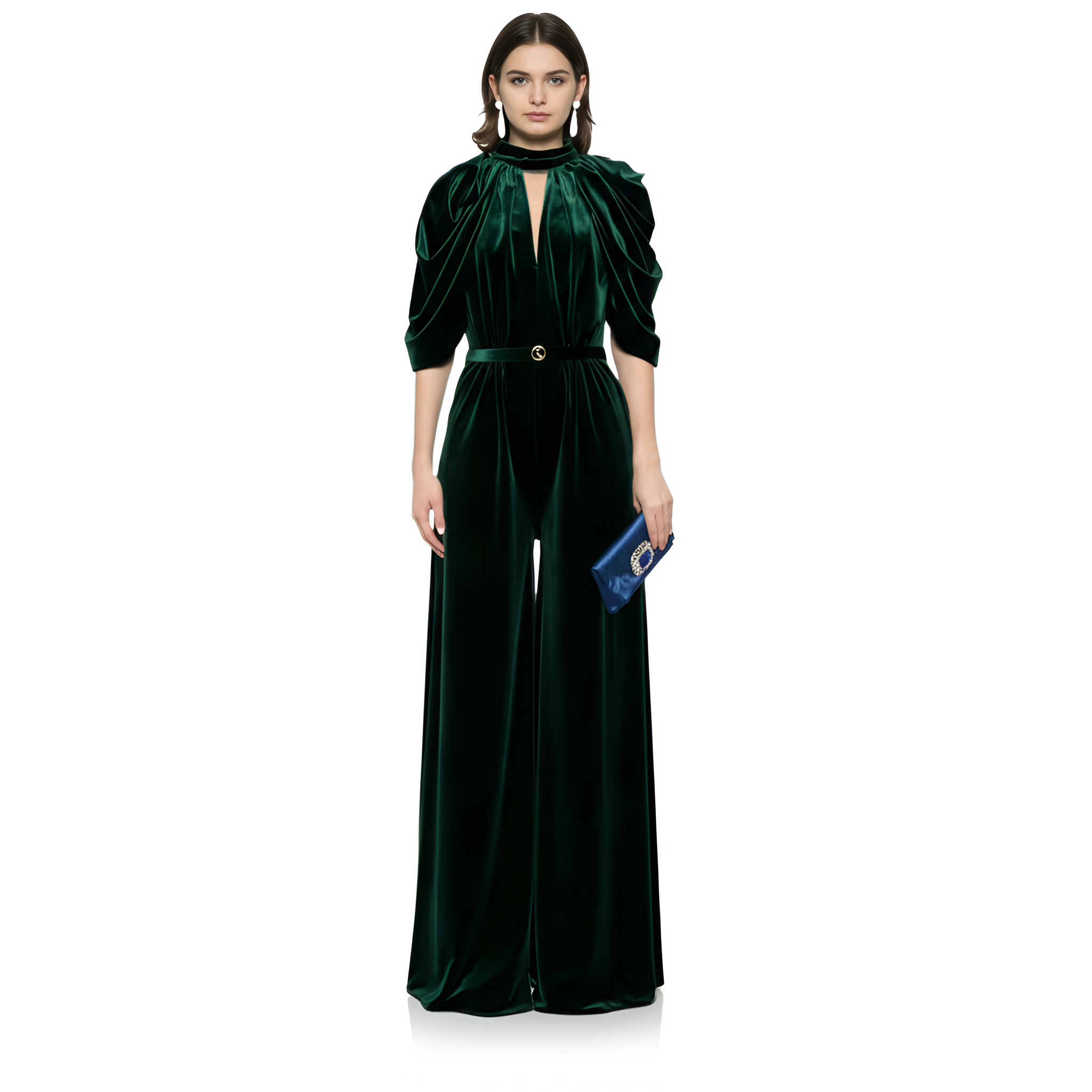 High Collar Draped Velvet Jumpsuit For Women with Sculpted Silhouette