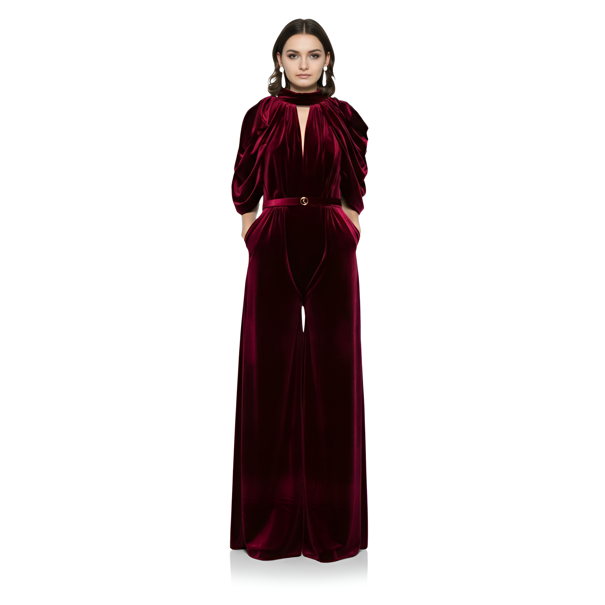 High Collar Draped Velvet Jumpsuit For Women with Sculpted Silhouette