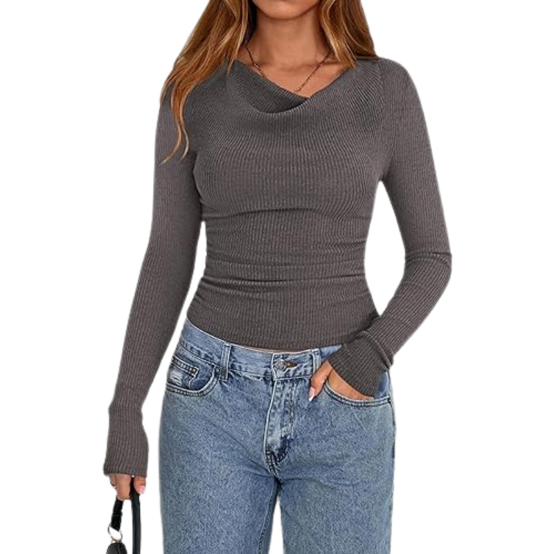 Womens Long Sleeve Cowl Neck Ribbed Knit Slim Fit Top