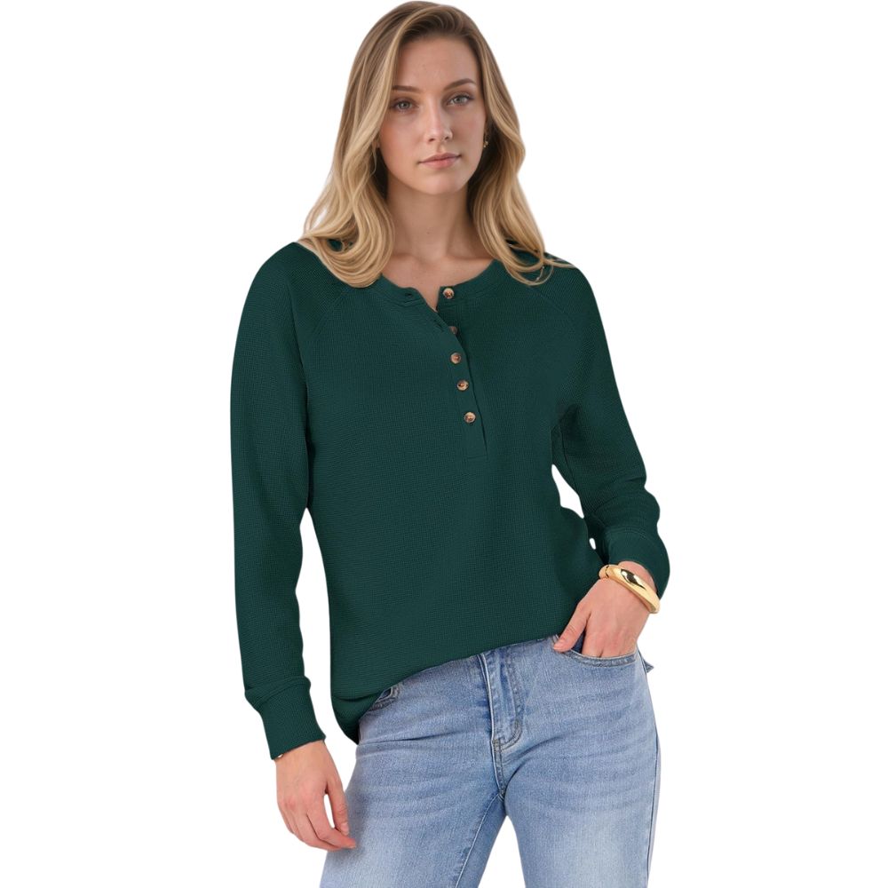 Women's Long Sleeve Waffle Knit Shirts Dressy Casual Loose Button Up V Neck