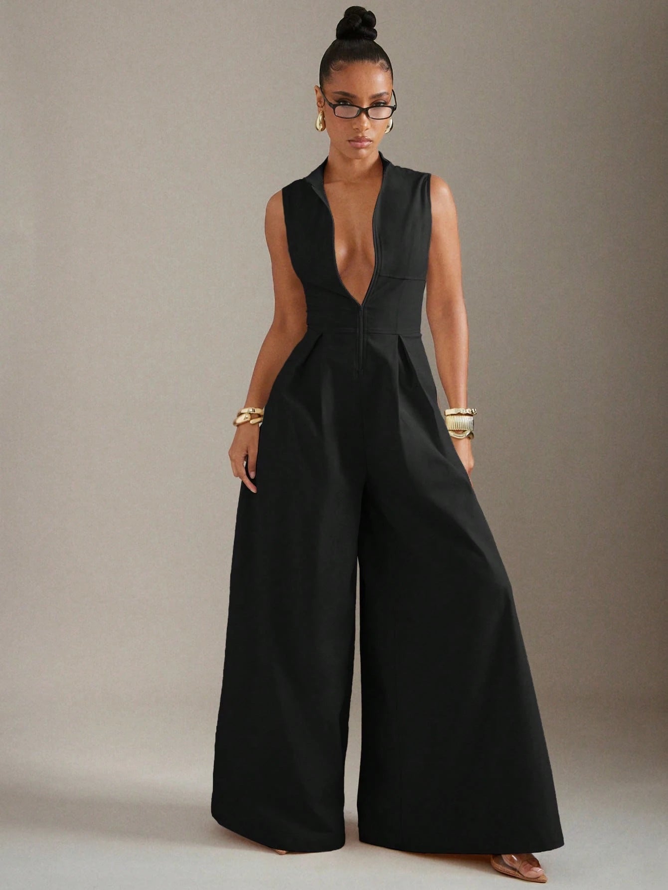Hauture Extreme Wide Leg Zip Front Sleeveless Jumpsuit