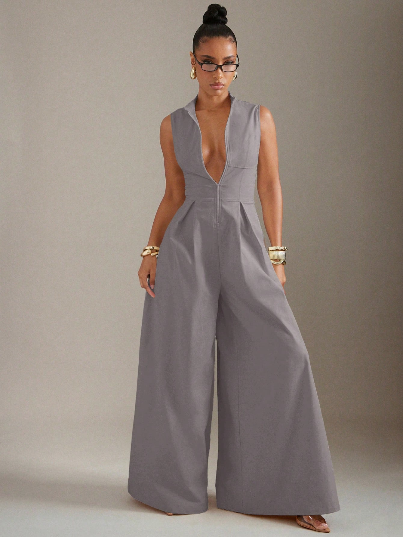 Hauture Extreme Wide Leg Zip Front Sleeveless Jumpsuit