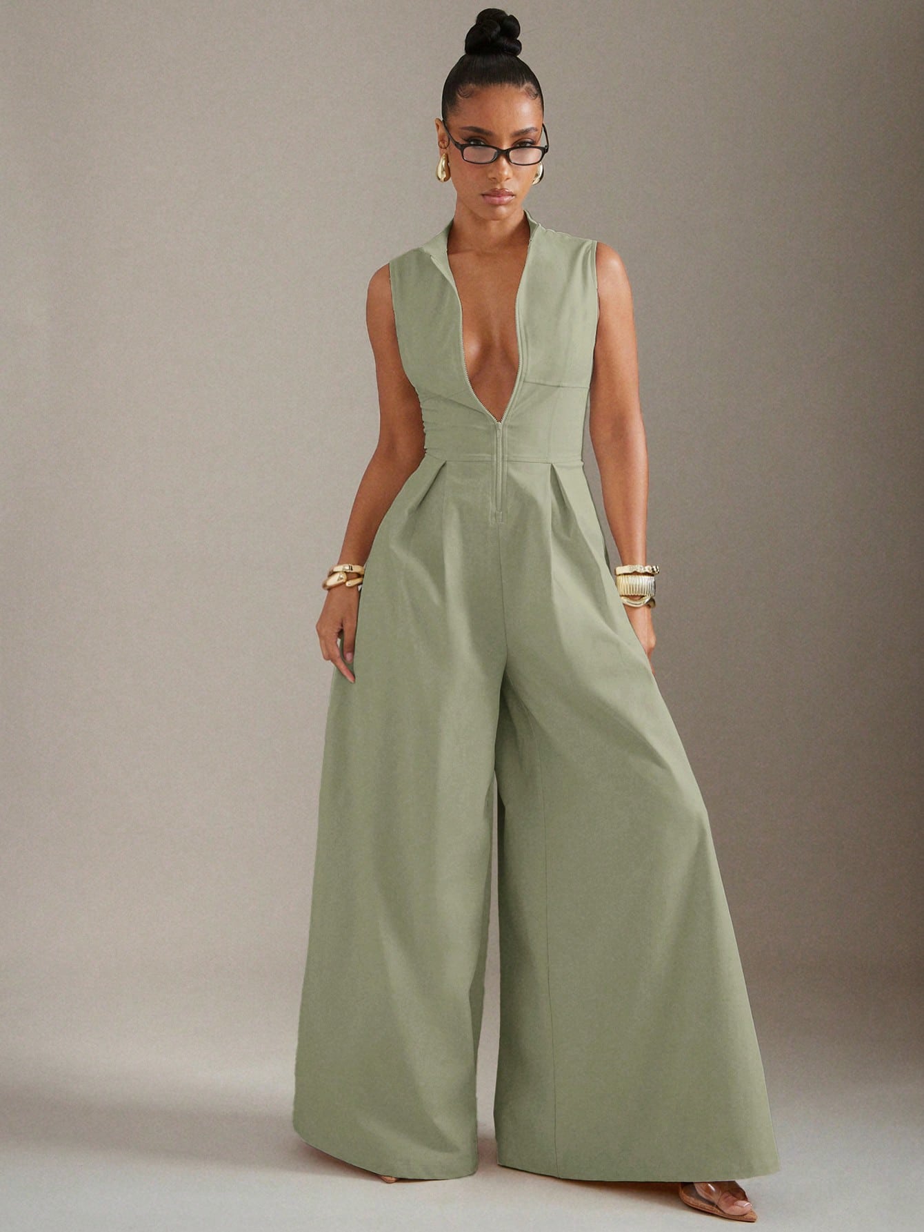 Hauture Extreme Wide Leg Zip Front Sleeveless Jumpsuit