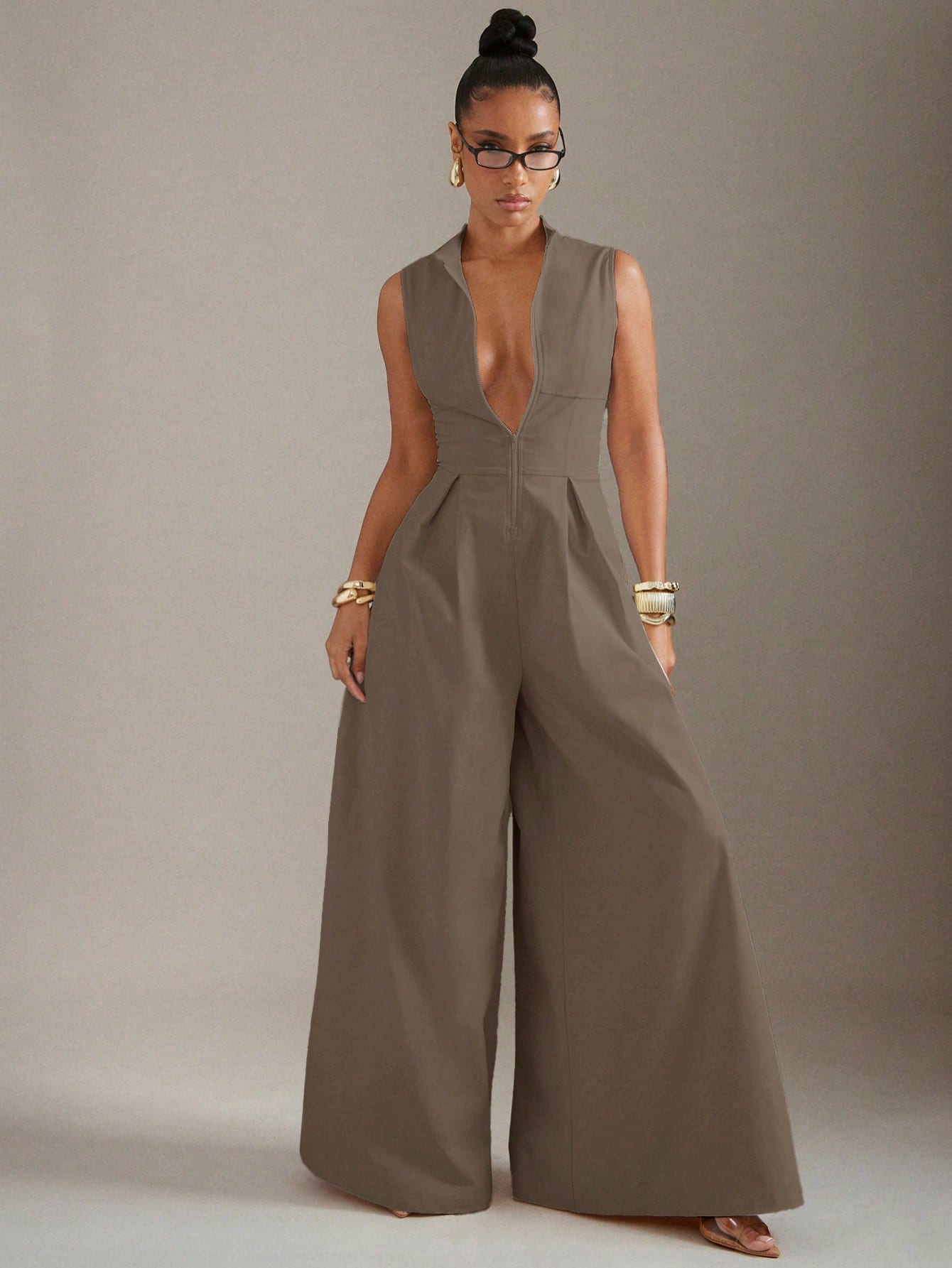 Hauture Extreme Wide Leg Zip Front Sleeveless Jumpsuit