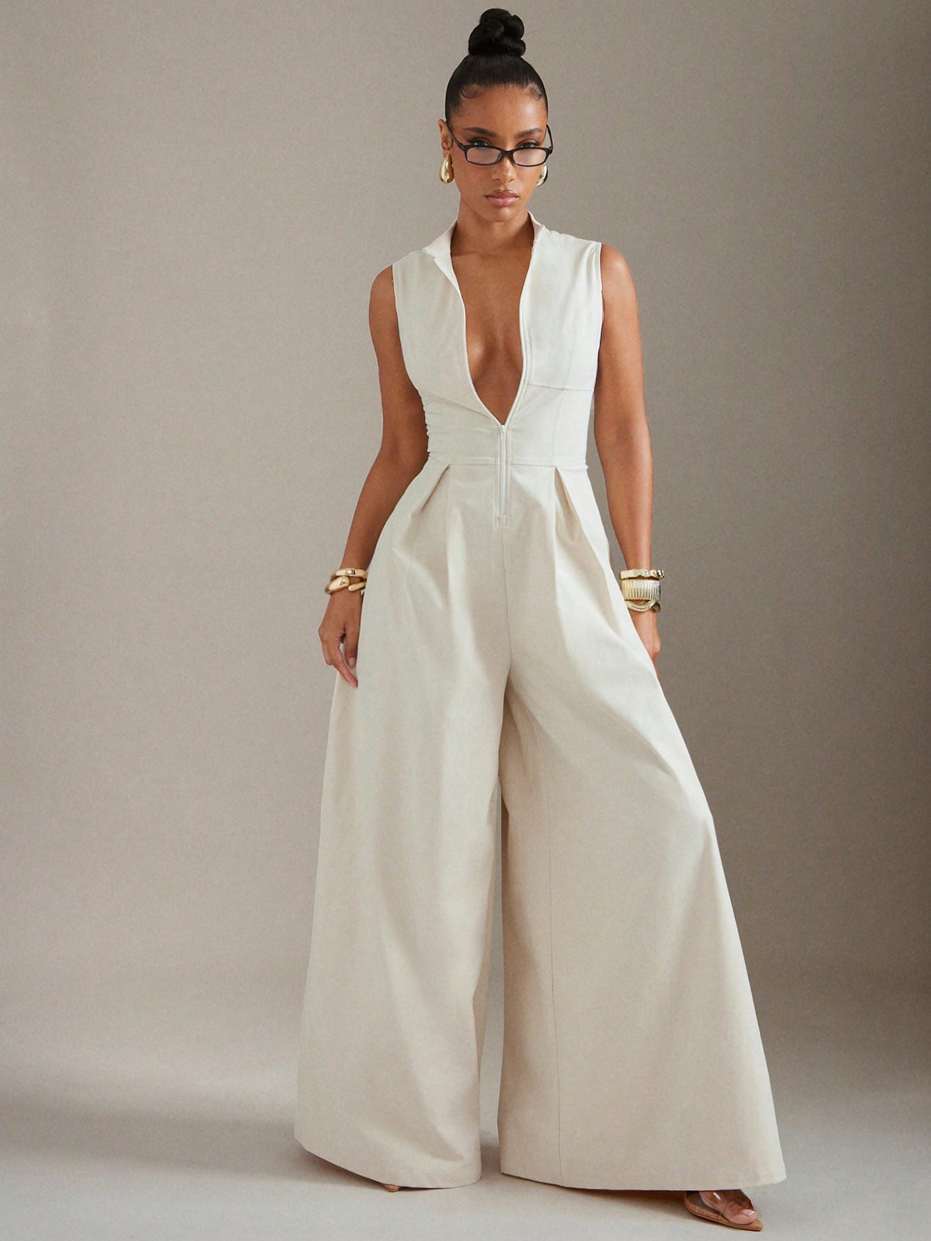 Hauture Extreme Wide Leg Zip Front Sleeveless Jumpsuit