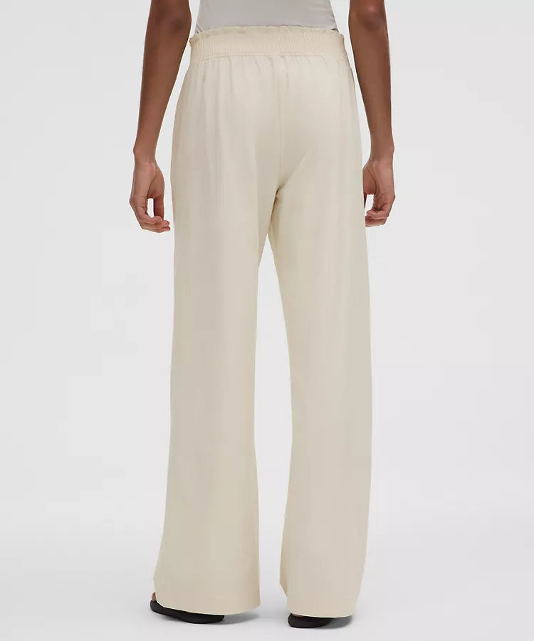 Stretch Woven Ruffle Waist Wide Leg Pant