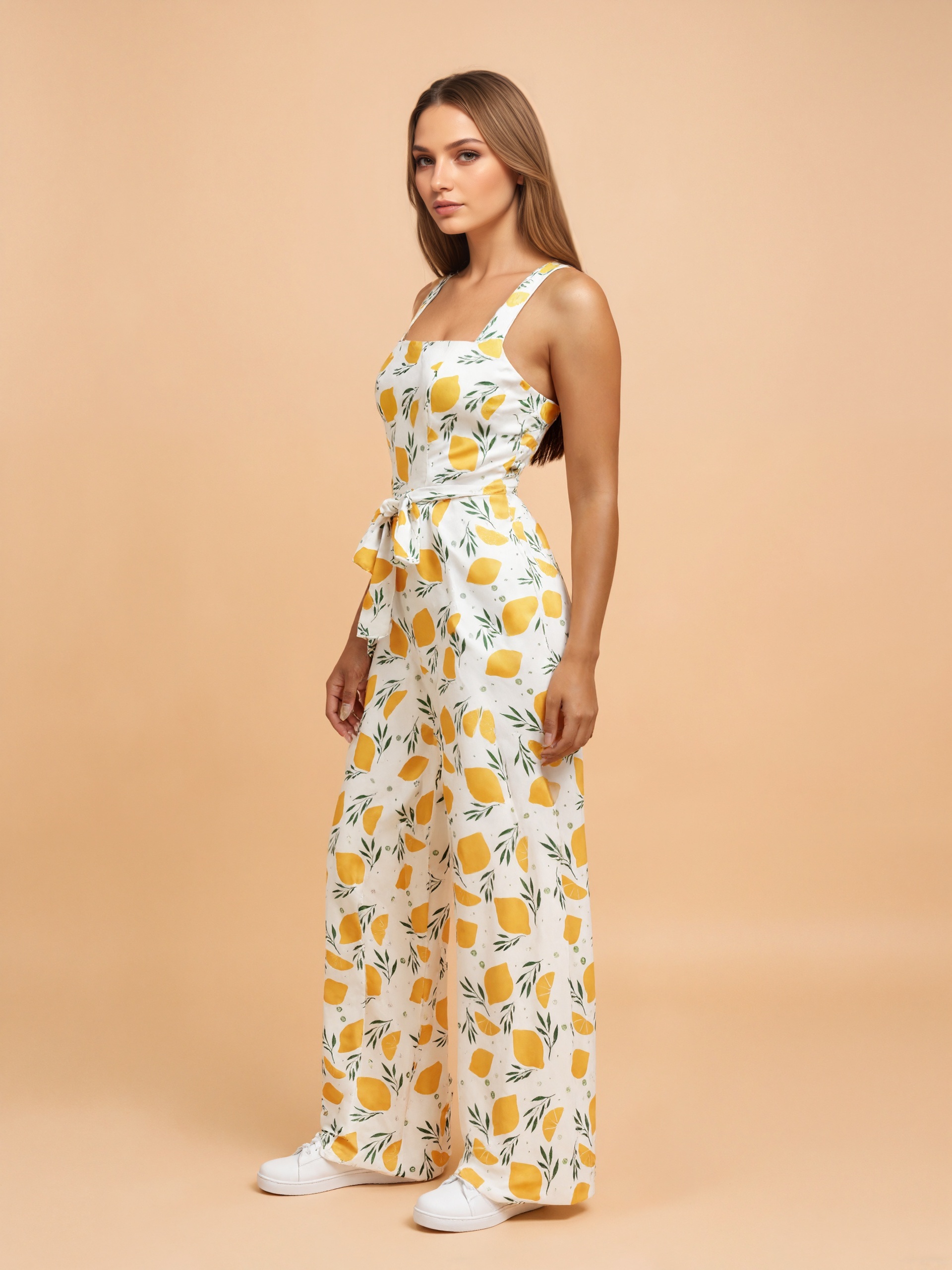 Lemon Patterned Jumpsuit With Waist Tie