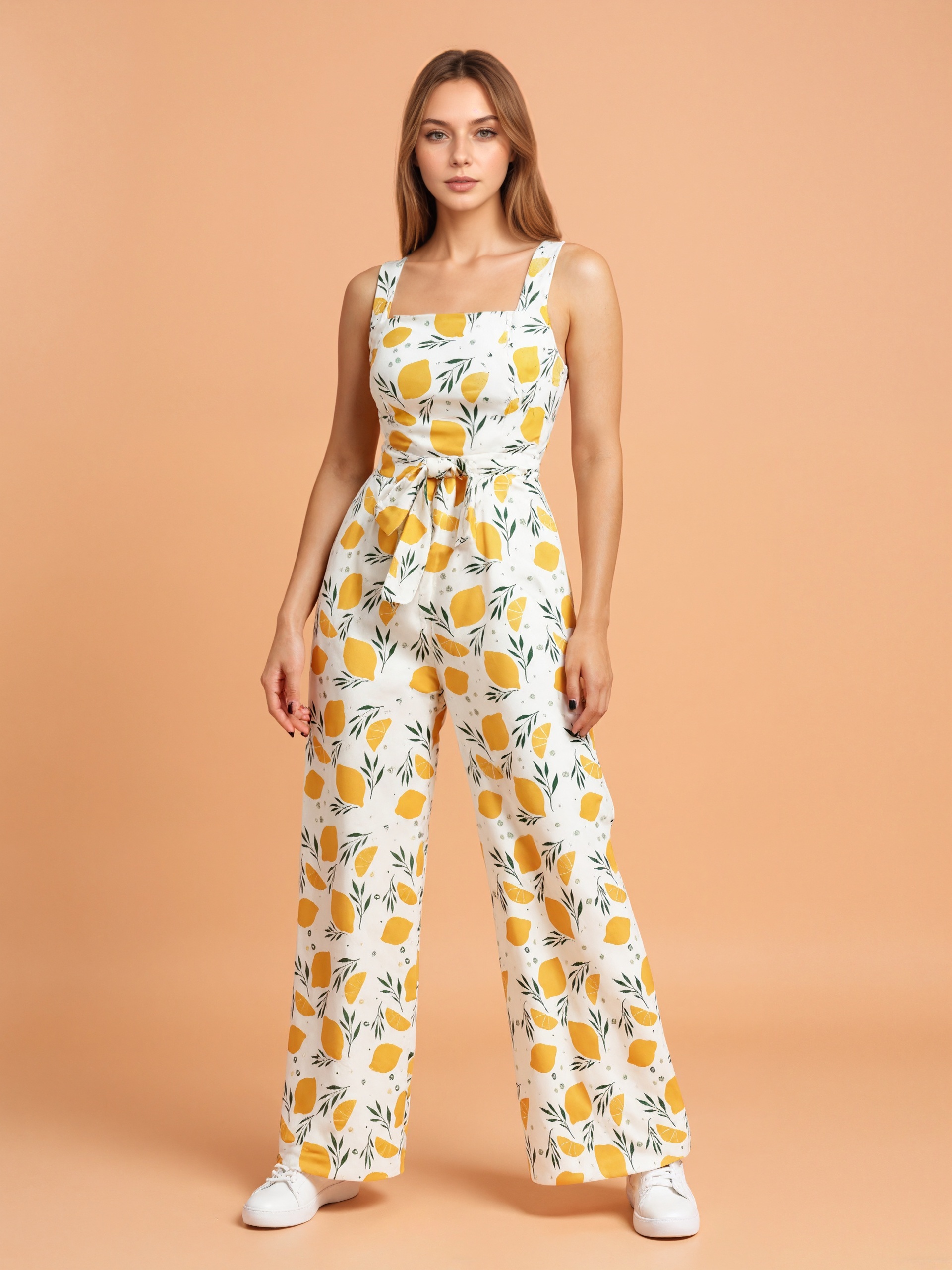 Lemon Patterned Jumpsuit With Waist Tie