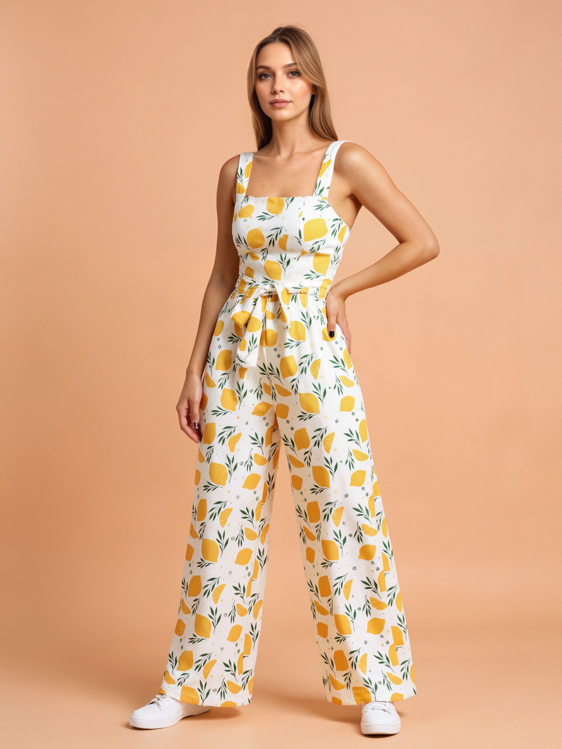 Lemon Patterned Jumpsuit With Waist Tie
