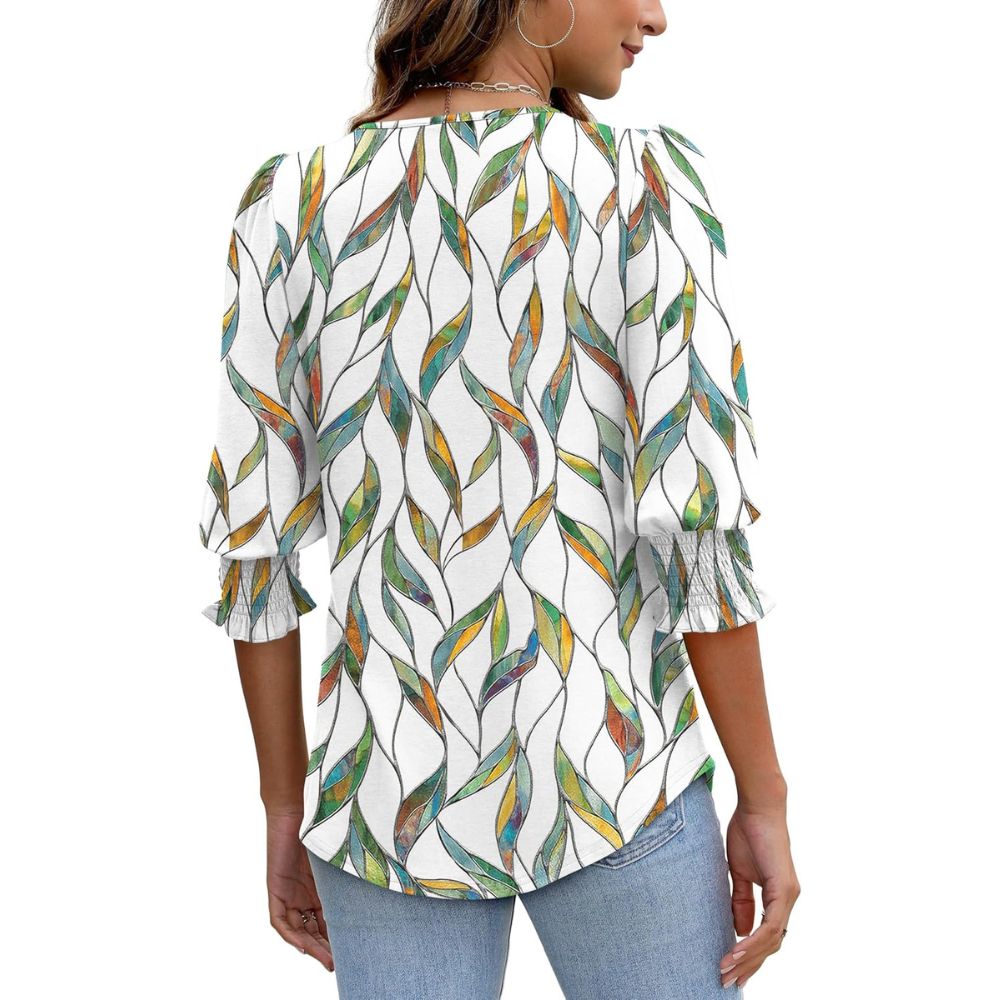 Dressy Casual 3/4 Length Sleeve Women's Tops with Smocked Cuffs